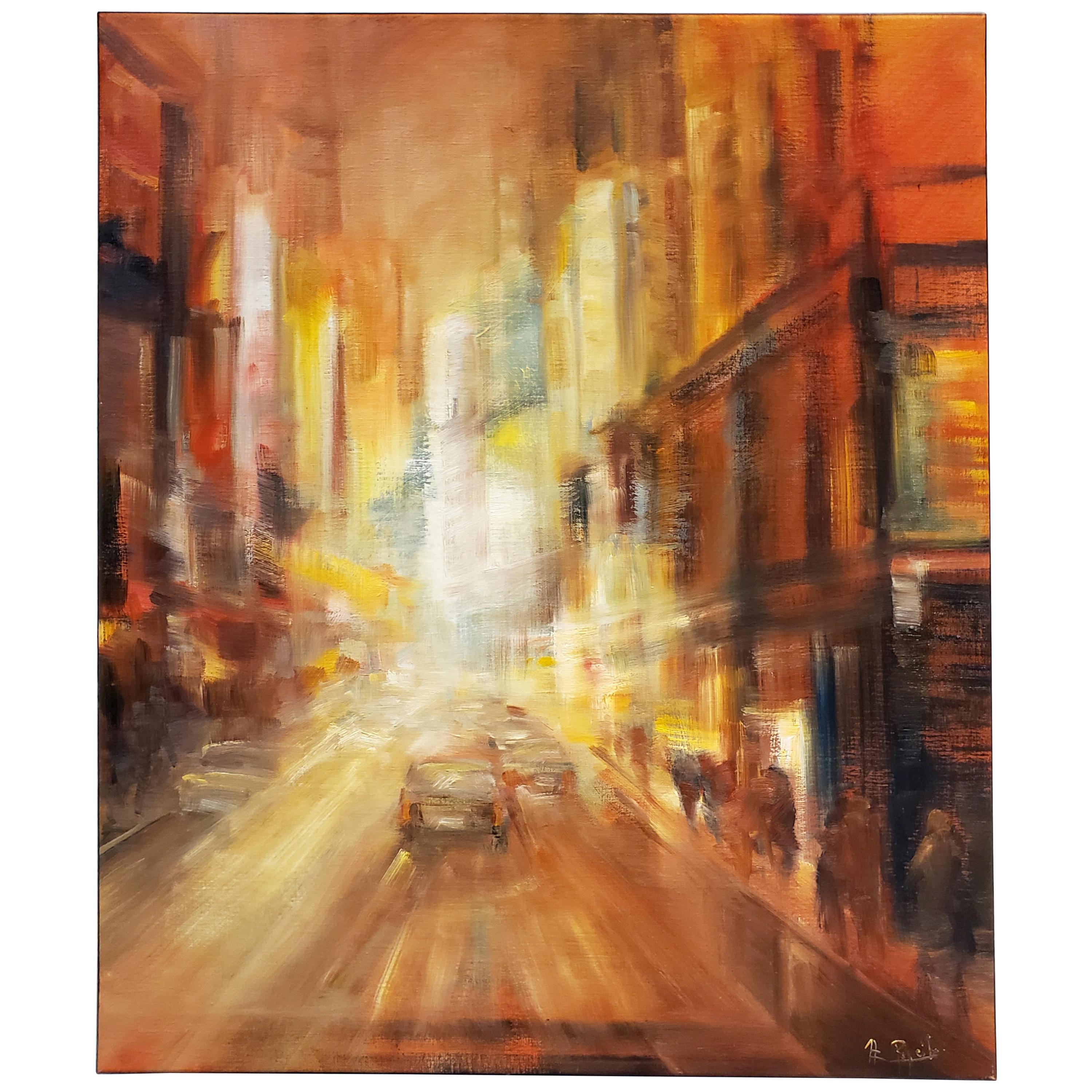 Modern Painting of New York City Street at Night by M. C. Pajeile For Sale
