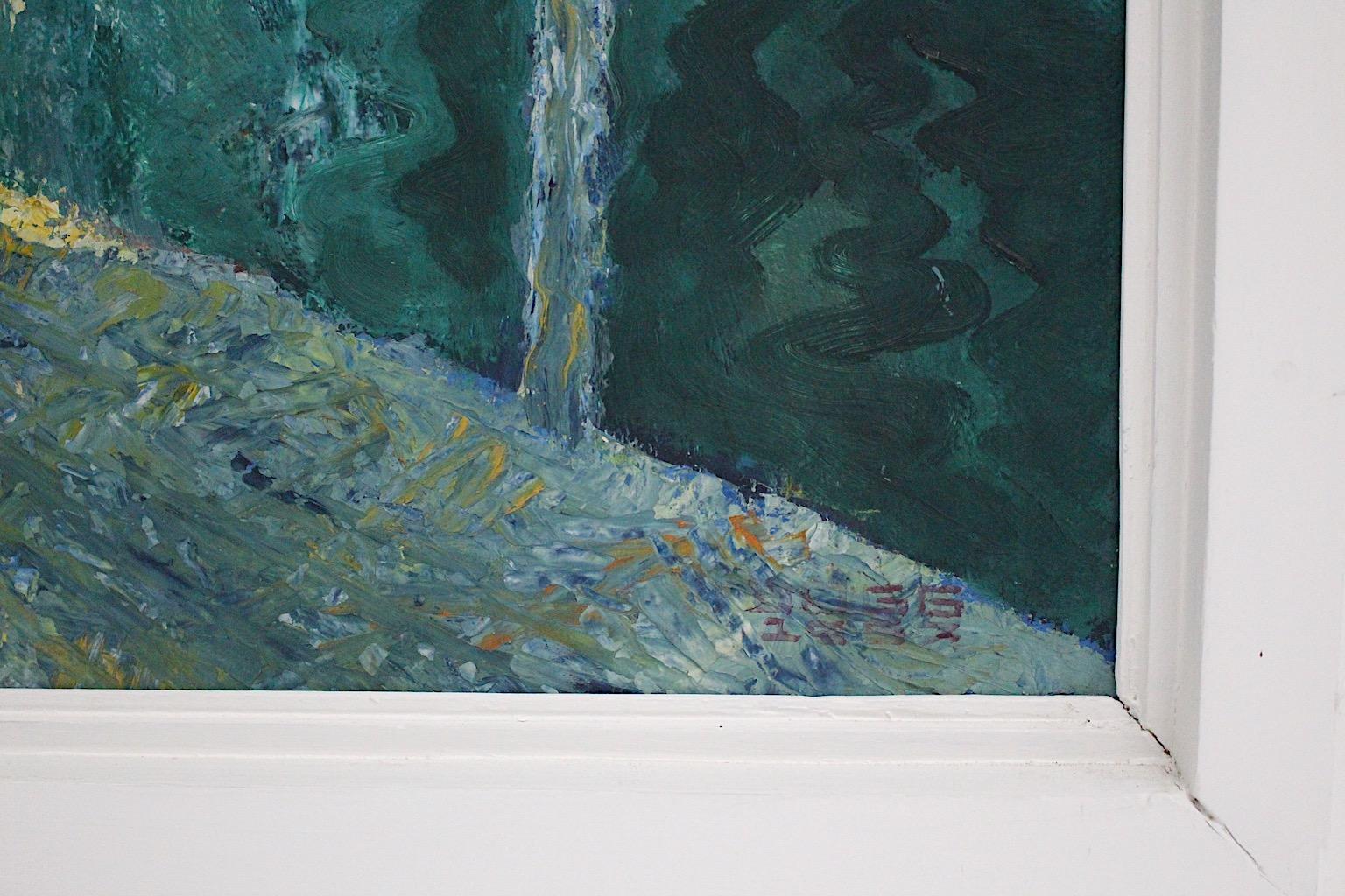 Modern Painting Oil on Cardboard Teal Turquoise Blue Altausseer See by Begg 1967 In Good Condition For Sale In Vienna, AT