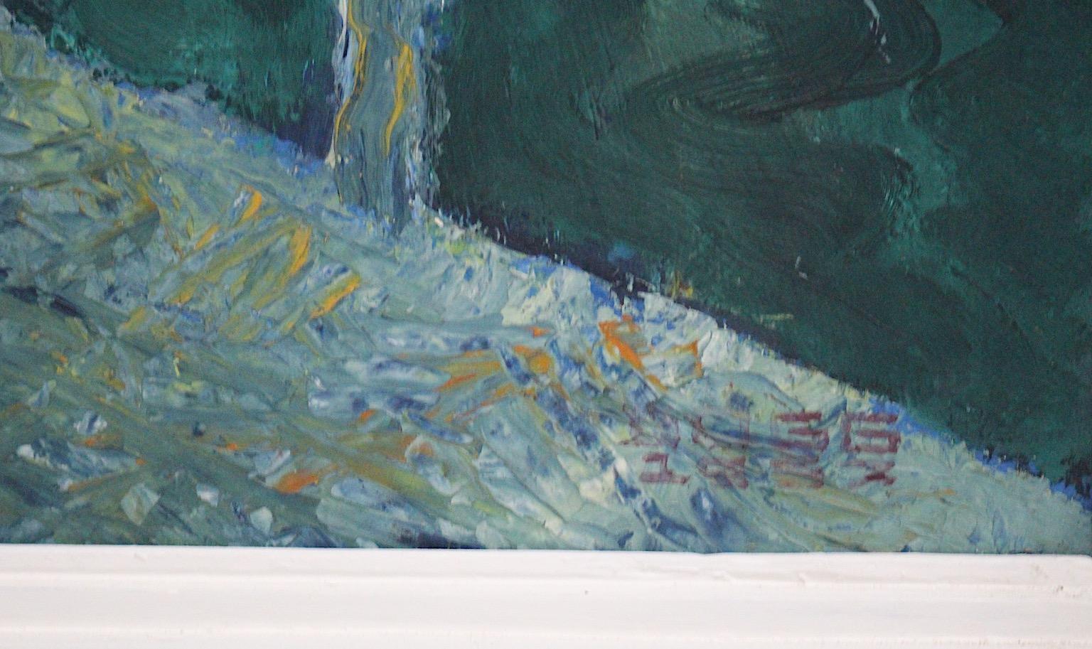 Modernes Gemälde Öl auf Karton Teal Türkis Blau Altausseer See von Begg 1967 (Mitte des 20. Jahrhunderts) im Angebot