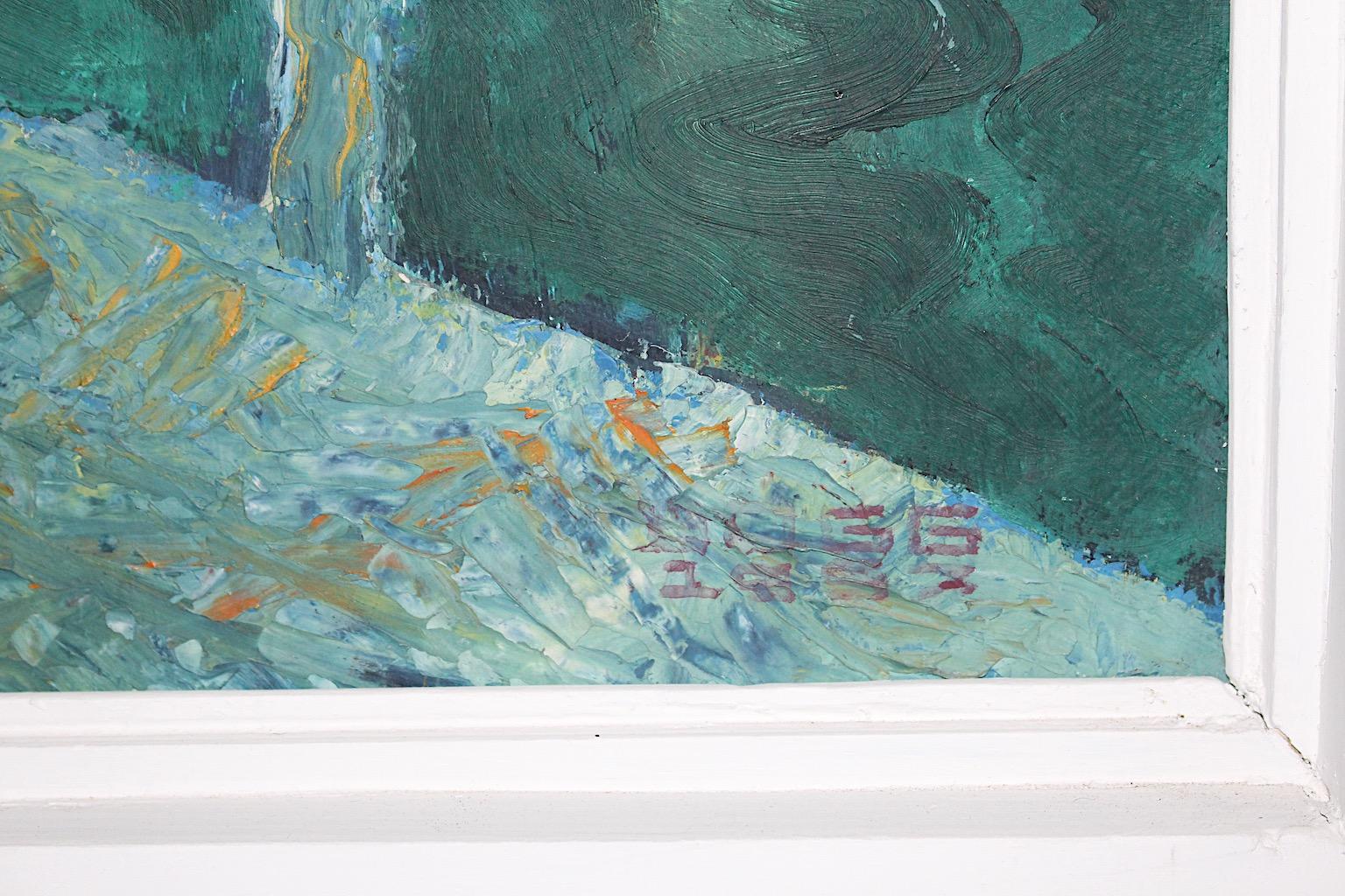 Modernes Gemälde Öl auf Karton Teal Türkis Blau Altausseer See von Begg 1967 (Farbe) im Angebot