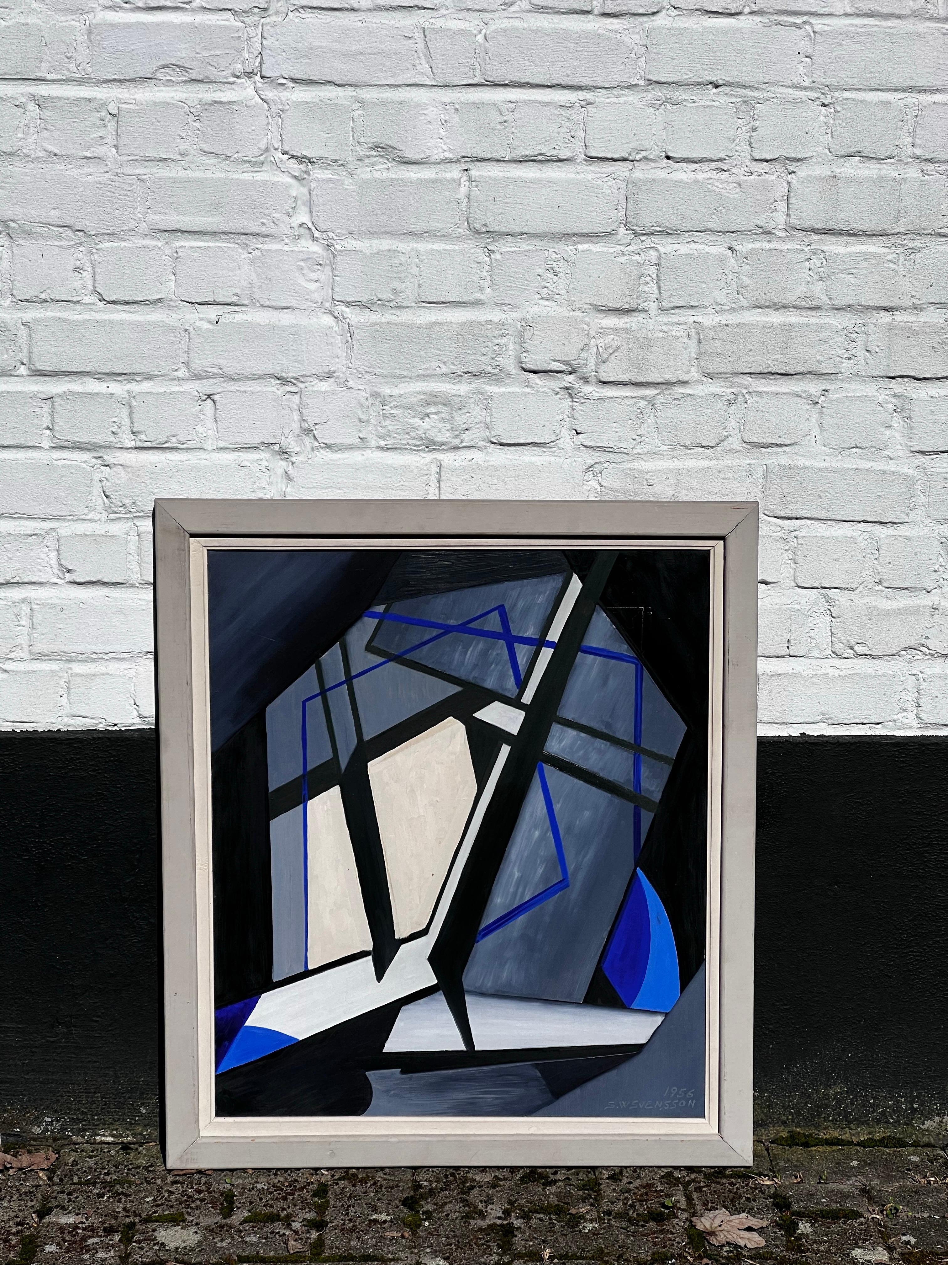 Quadro con forme geometriche con cornice in pino dipinto. Colori e motivi forti. Questo è un dipinto modernista svedese realizzato nel 1956 da S.W. Svensson. Nelle vibrazioni di Le Corbusier e Malevich.

La cornice misura 72 X 81 cm

il dipinto