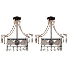 Modern Pair Beaded Rectangle Flower Crystal Basket Light Fixture Chandeliers
