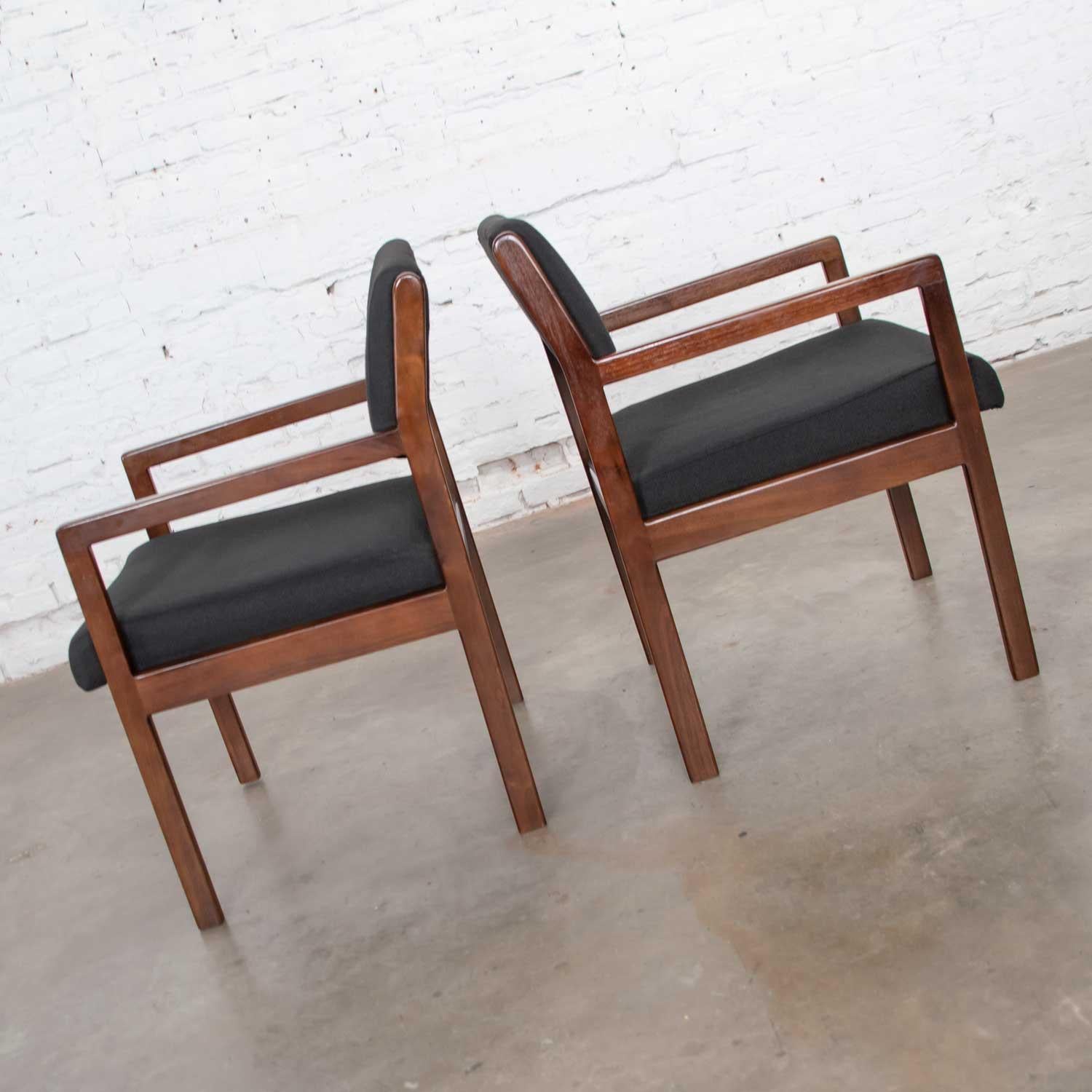 Fabric Modern Pair of Black and Walnut Tone Wood Accent or Dining Armchairs by Haworth For Sale