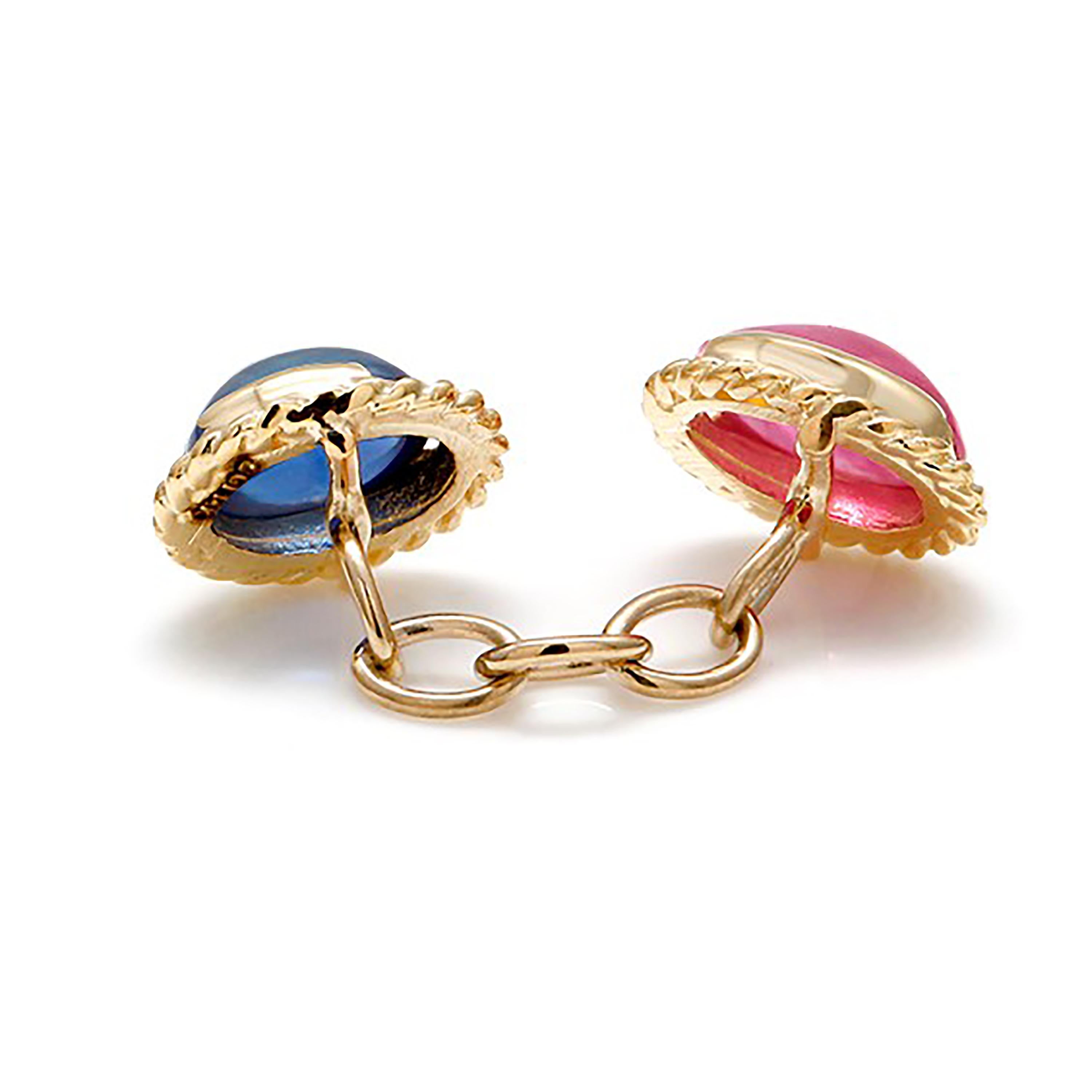 Modern Cabochon Sapphire and Ruby Gents Double Sides Chain Link Cufflinks, Pair In New Condition In New York, NY