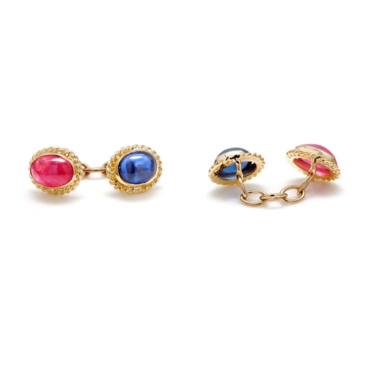 Women's or Men's Modern Cabochon Sapphire and Ruby Gents Double Sides Chain Link Cufflinks, Pair