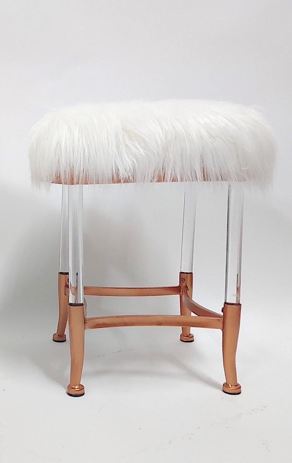 Mid Century Modern Very Rare- incredibly attention getting pair large pair of long hair sheepskin upholstered stools!

Mid-Century Modern 1950s inspired gorgeous pair of copper finished metal foot base frame with inspired clear lucite legs with