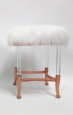 MCM-Pair Copper Lucite Frame Long Hair Sheepskin Stools Ottomans