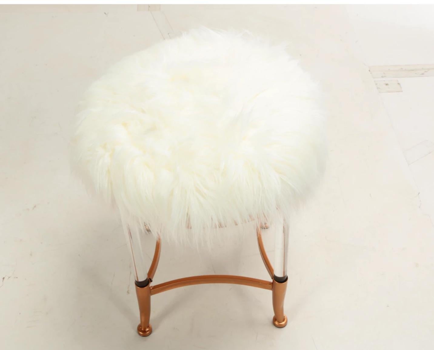 Mid-Century Modern MCM-Pair Copper Lucite Frame Long Hair Sheepskin Stools Ottomans For Sale