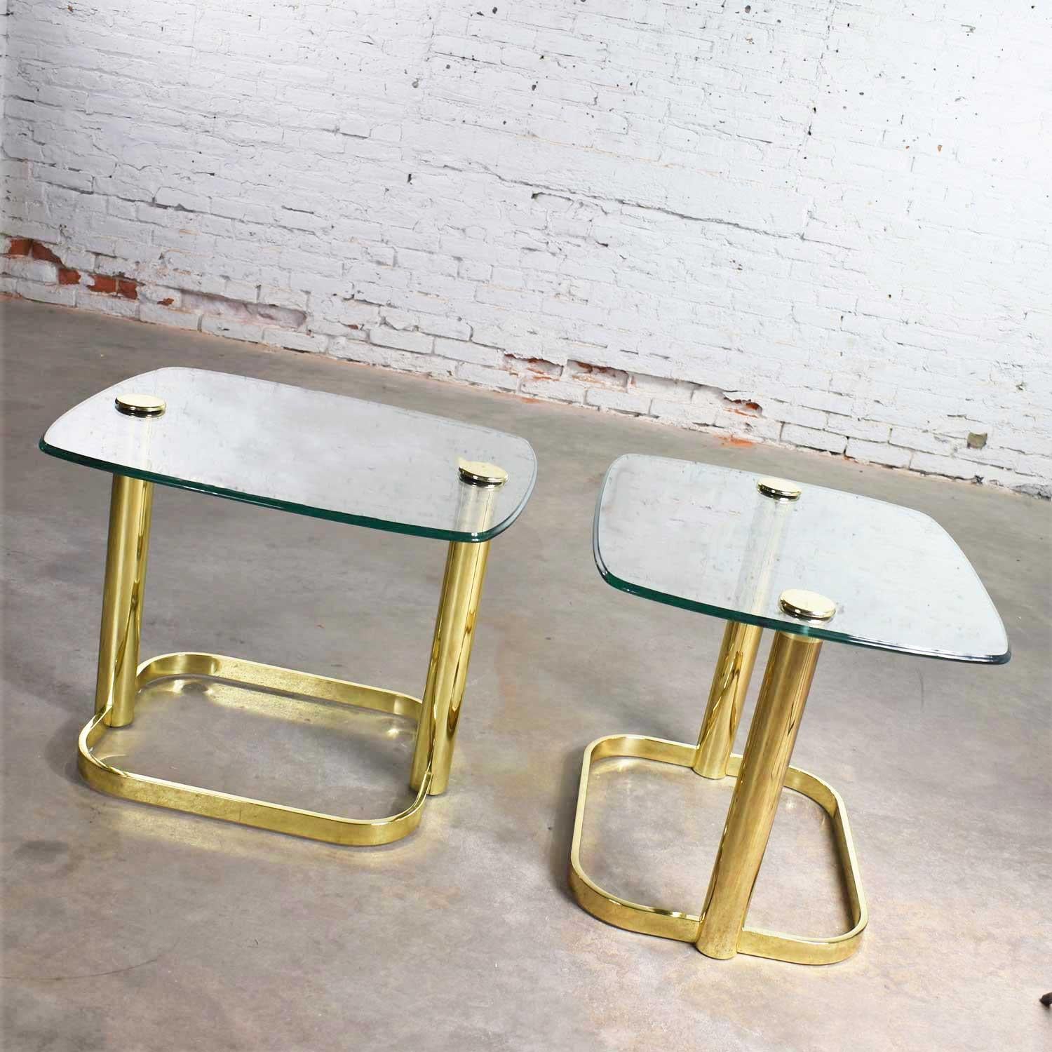 American Modern Pair of End Tables Brass Plate & Glass Attr Rosen for The Pace Collection