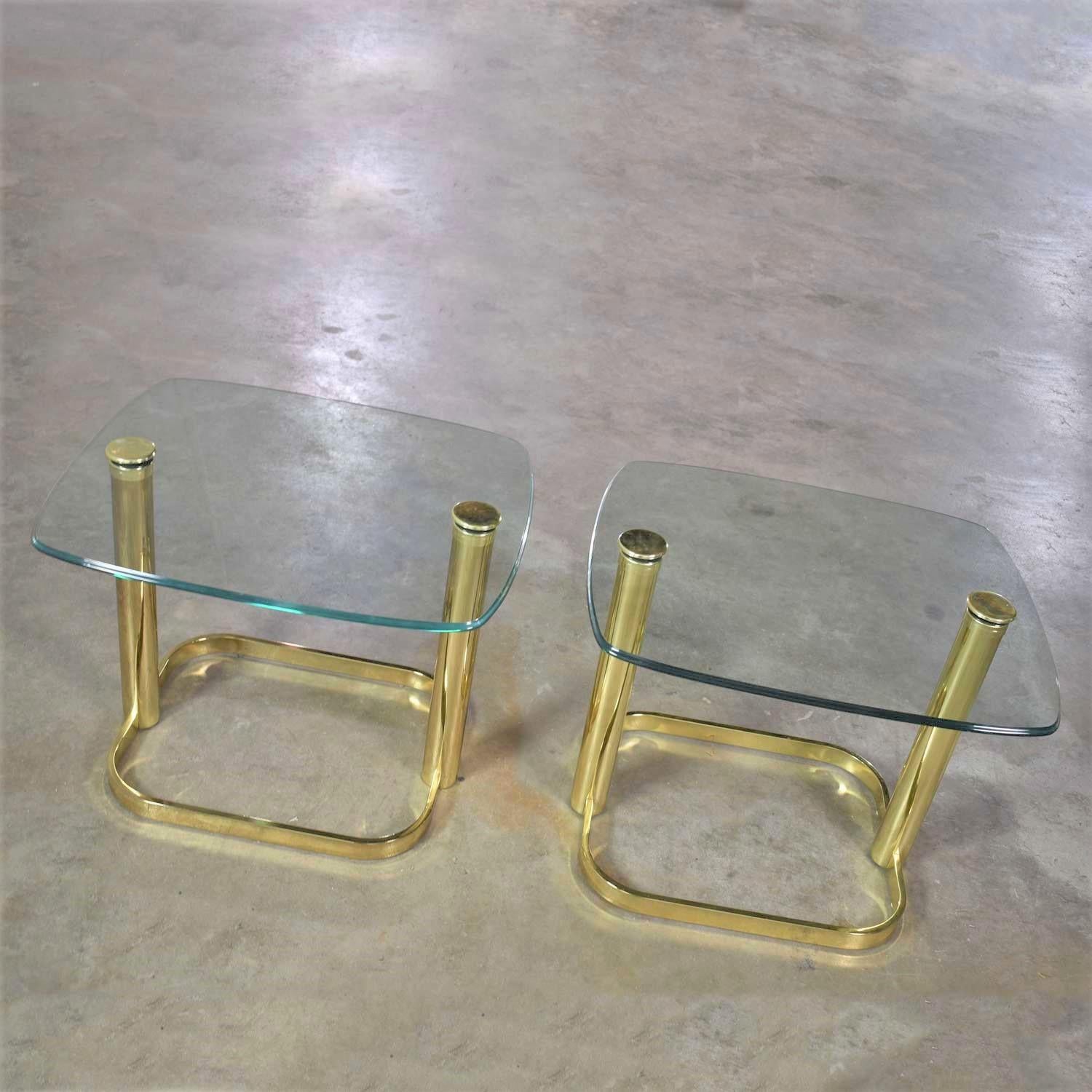 Plated Modern Pair of End Tables Brass Plate & Glass Attr Rosen for The Pace Collection