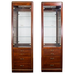 Modern Pair Lighted Display Cabinets by Bassett Furniture Cherrywood & Brass