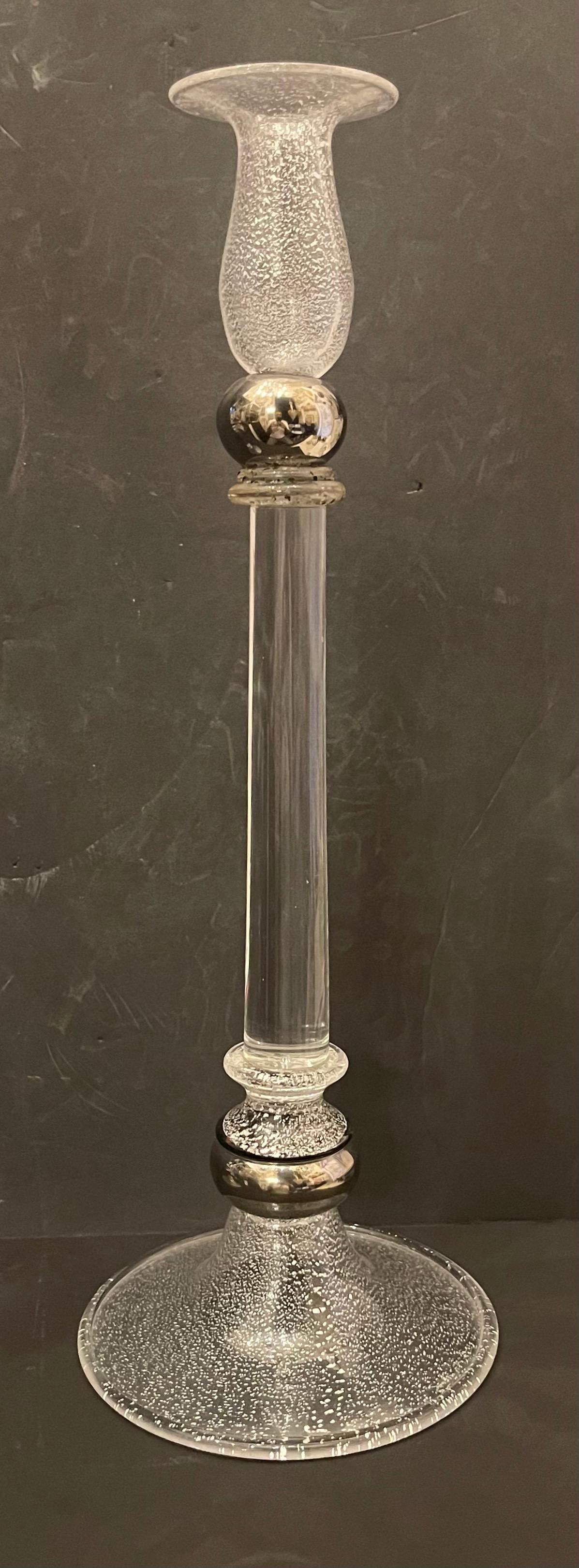 Mid-Century Modern Modern Pair Lorin Marsh Murano Clear Silver Flake Art Glass Seguso Candlesticks For Sale