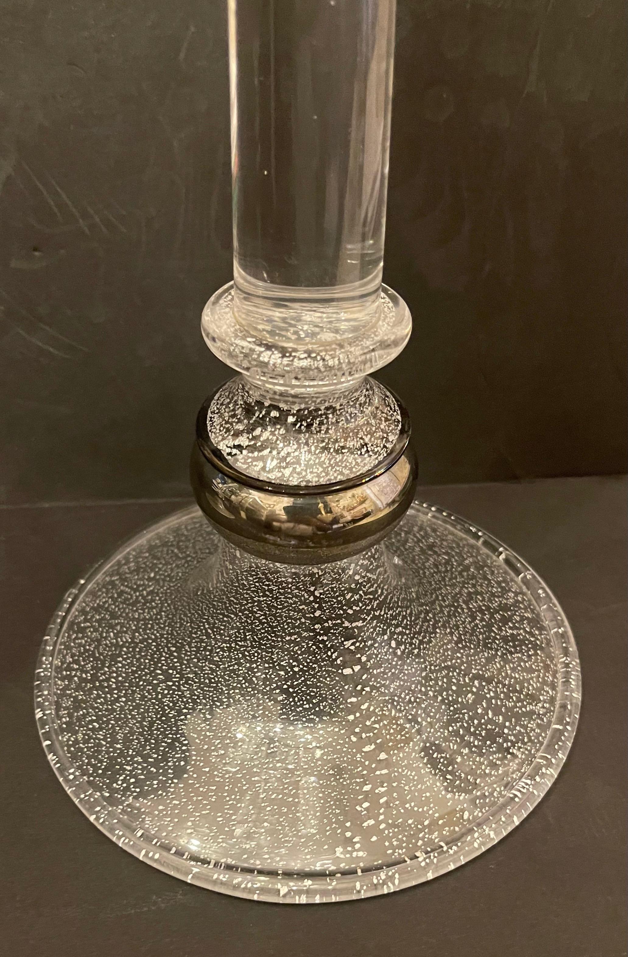 Italian Modern Pair Lorin Marsh Murano Clear Silver Flake Art Glass Seguso Candlesticks For Sale