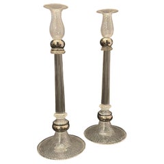 Modern Pair Lorin Marsh Murano Clear Silver Flake Art Glass Seguso Candlesticks