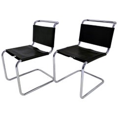 Used Modern Pair of 1970s Knoll International Black Leather and Chrome Spoleto Chairs