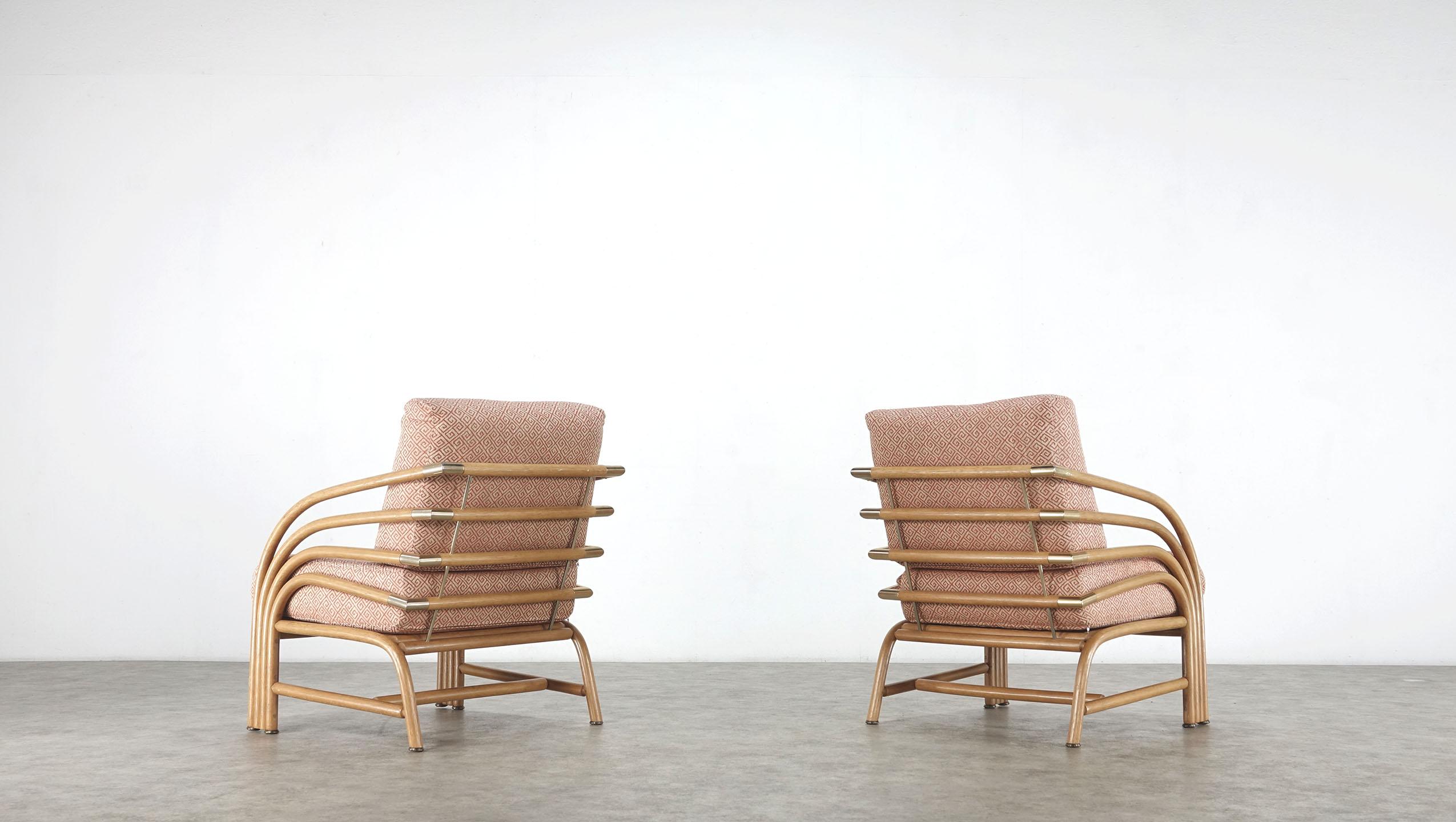 Modern Pair of Bamboo Lounge Chairs with Brass 11