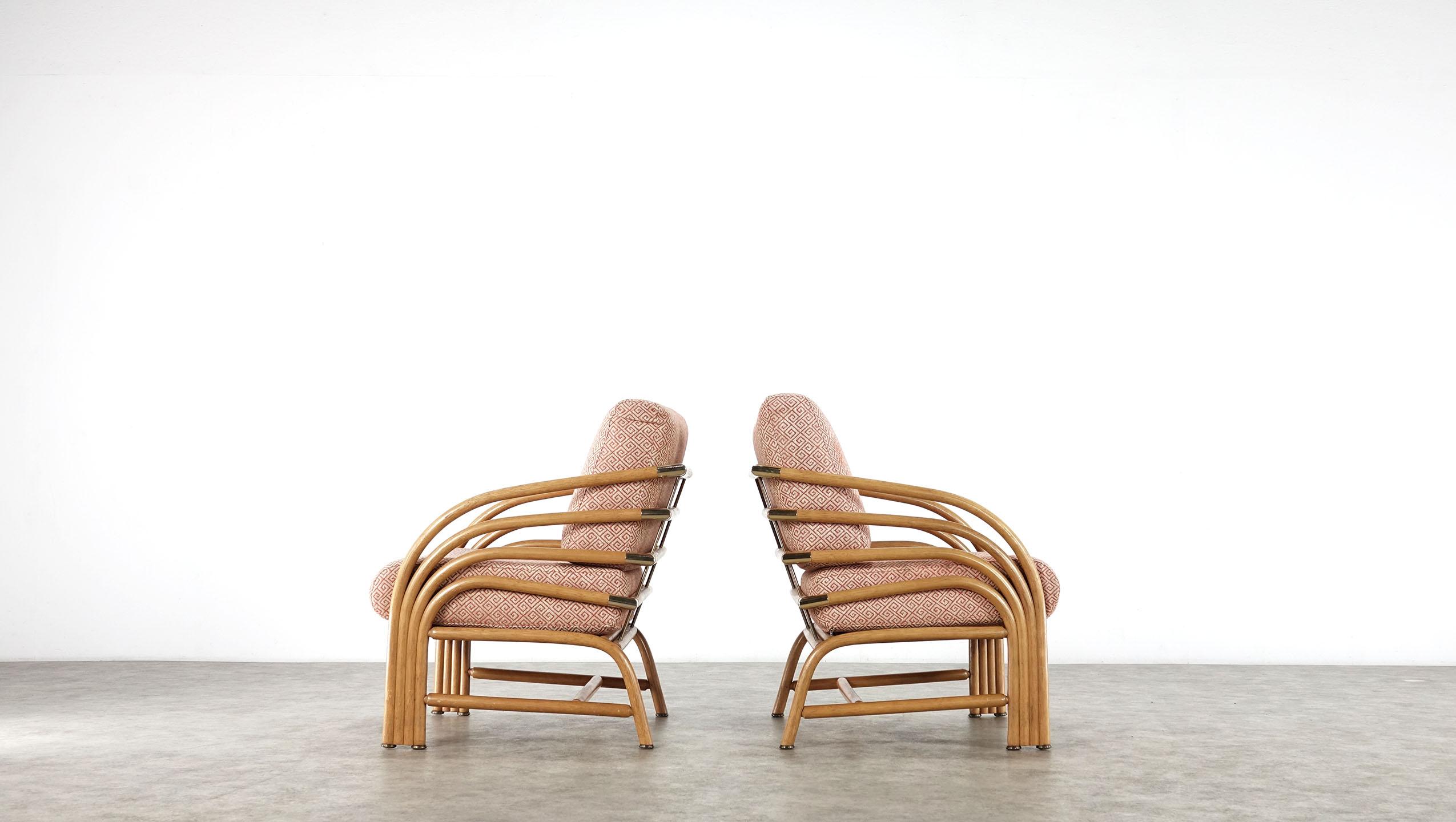 Hollywood Regency Modern Pair of Bamboo Lounge Chairs with Brass