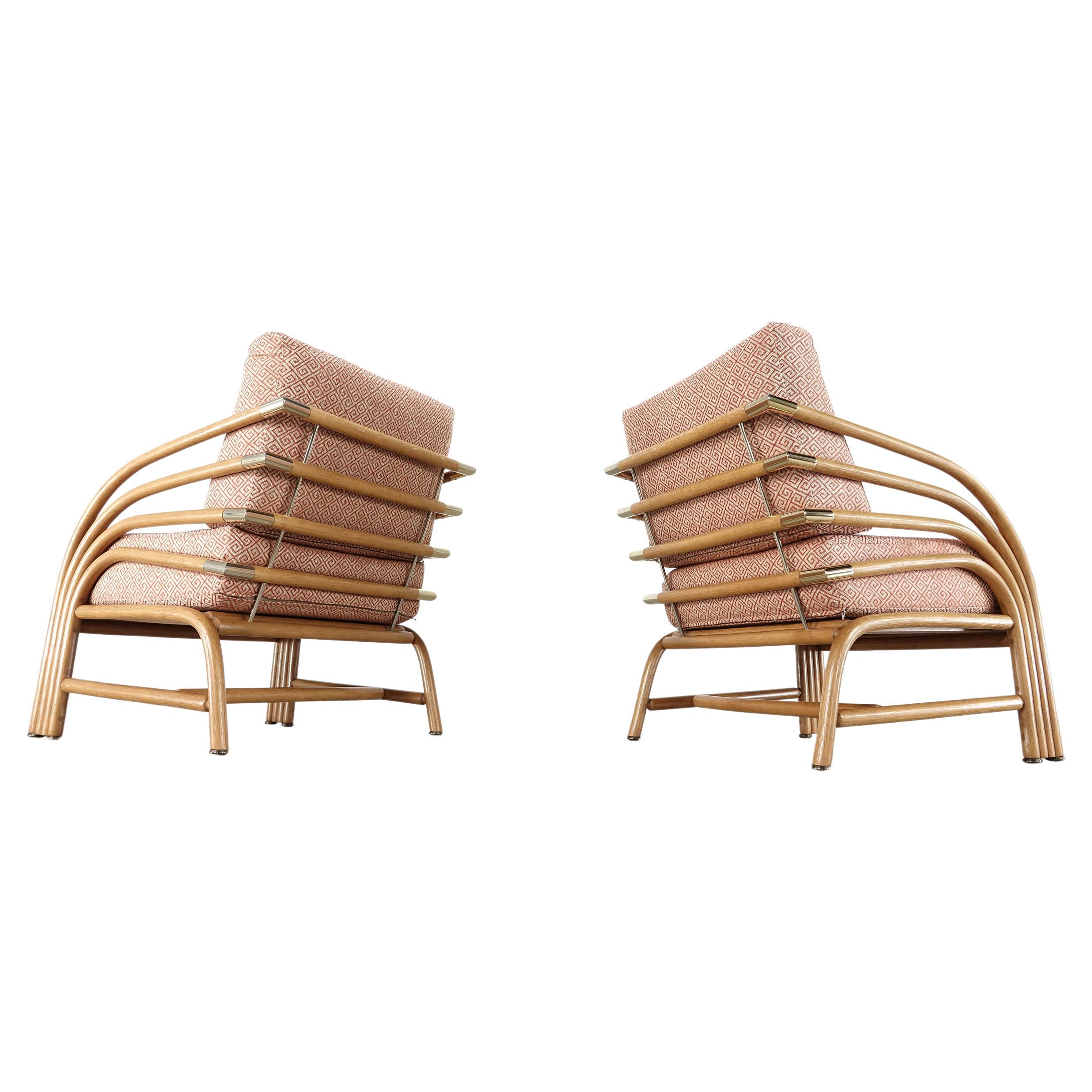 Modern Pair of Bamboo Lounge Chairs with Brass