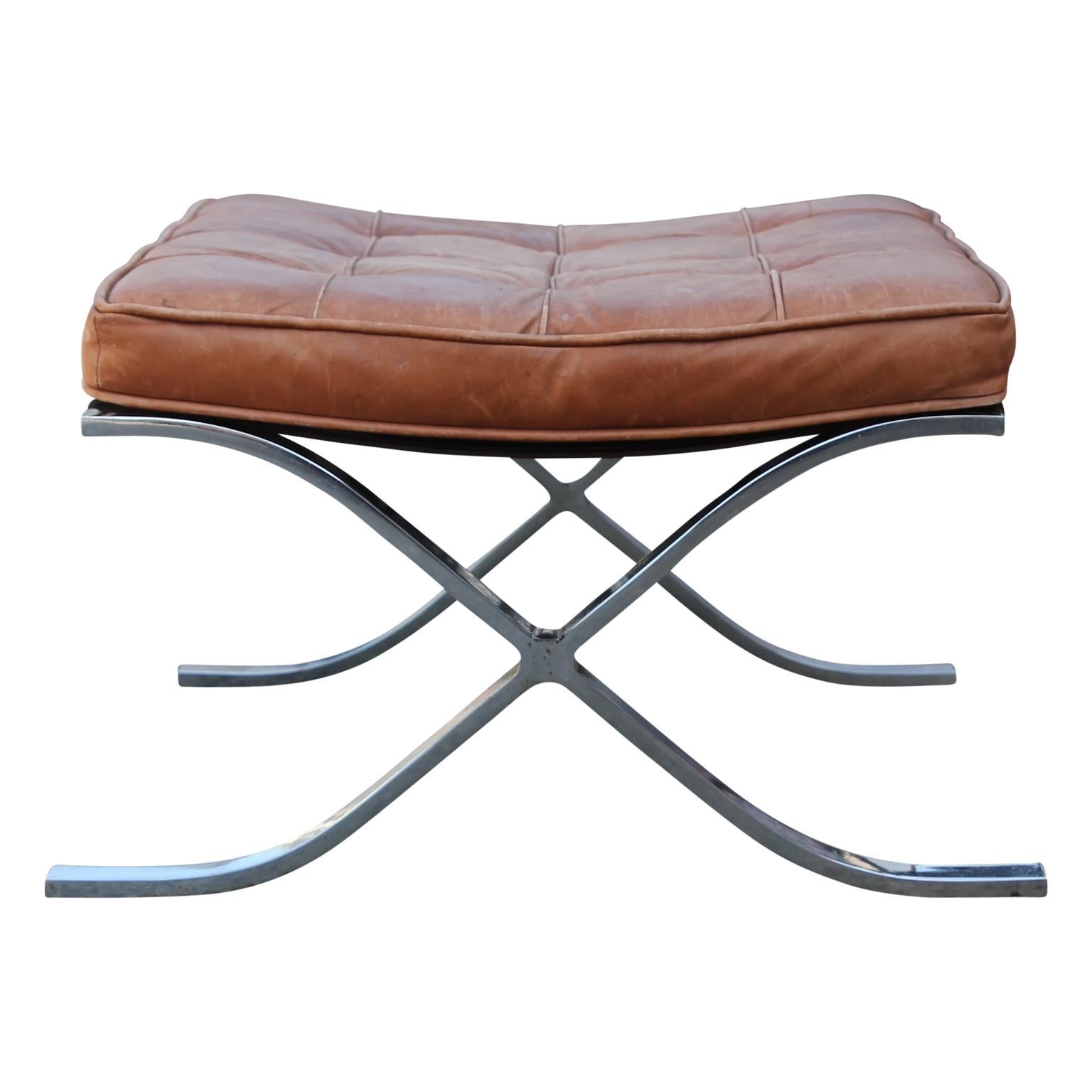 Italian Modern Pair of Barcelona Style 1970s Brown Leather Stools or Ottomans