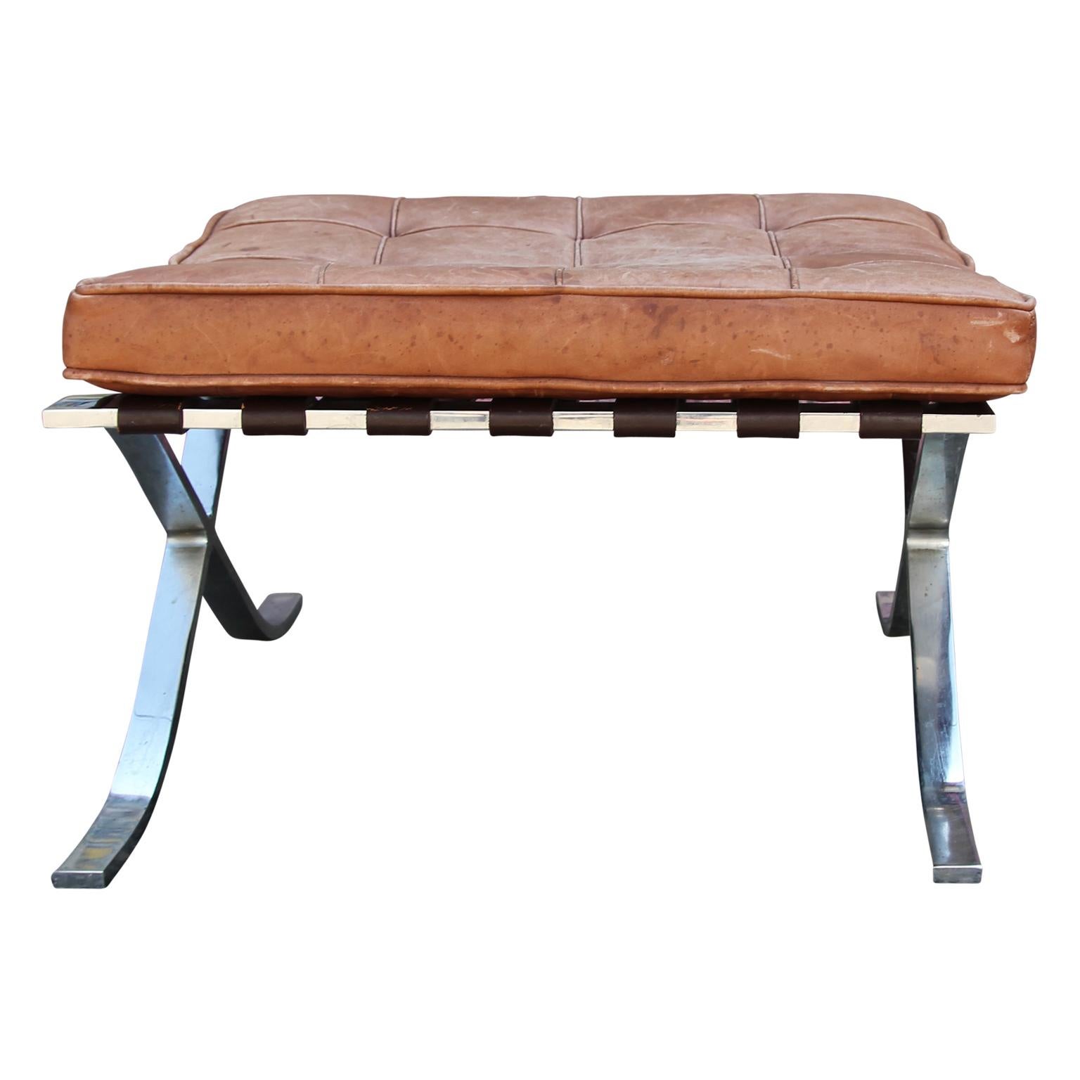 Late 20th Century Modern Pair of Barcelona Style 1970s Brown Leather Stools or Ottomans