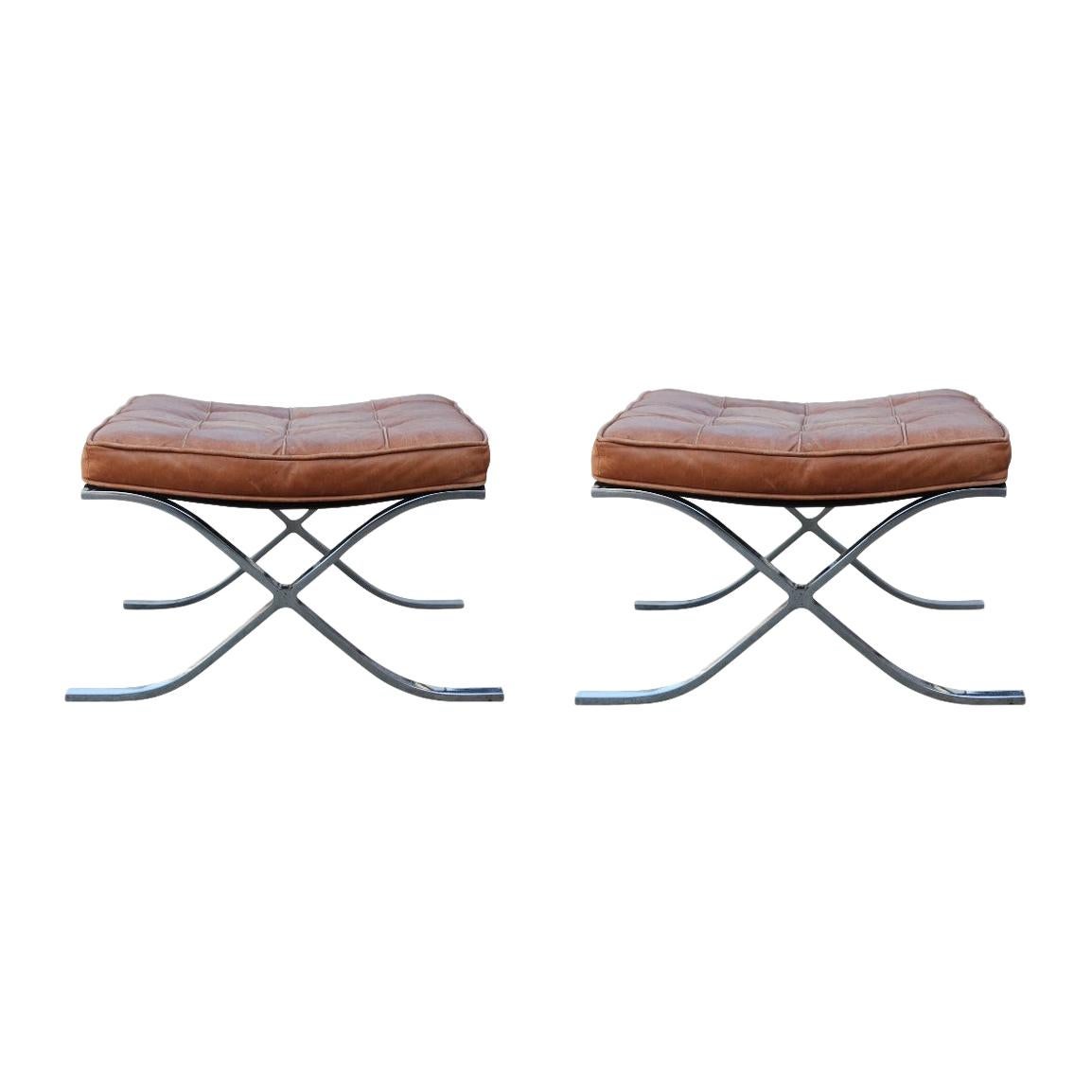 Modern Pair of Barcelona Style 1970s Brown Leather Stools or Ottomans