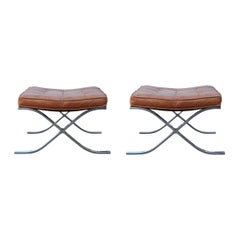 Modern Pair of Barcelona Style 1970s Brown Leather Stools or Ottomans