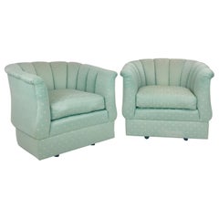 Modern Pair of Blue Channel Back Club Chairs