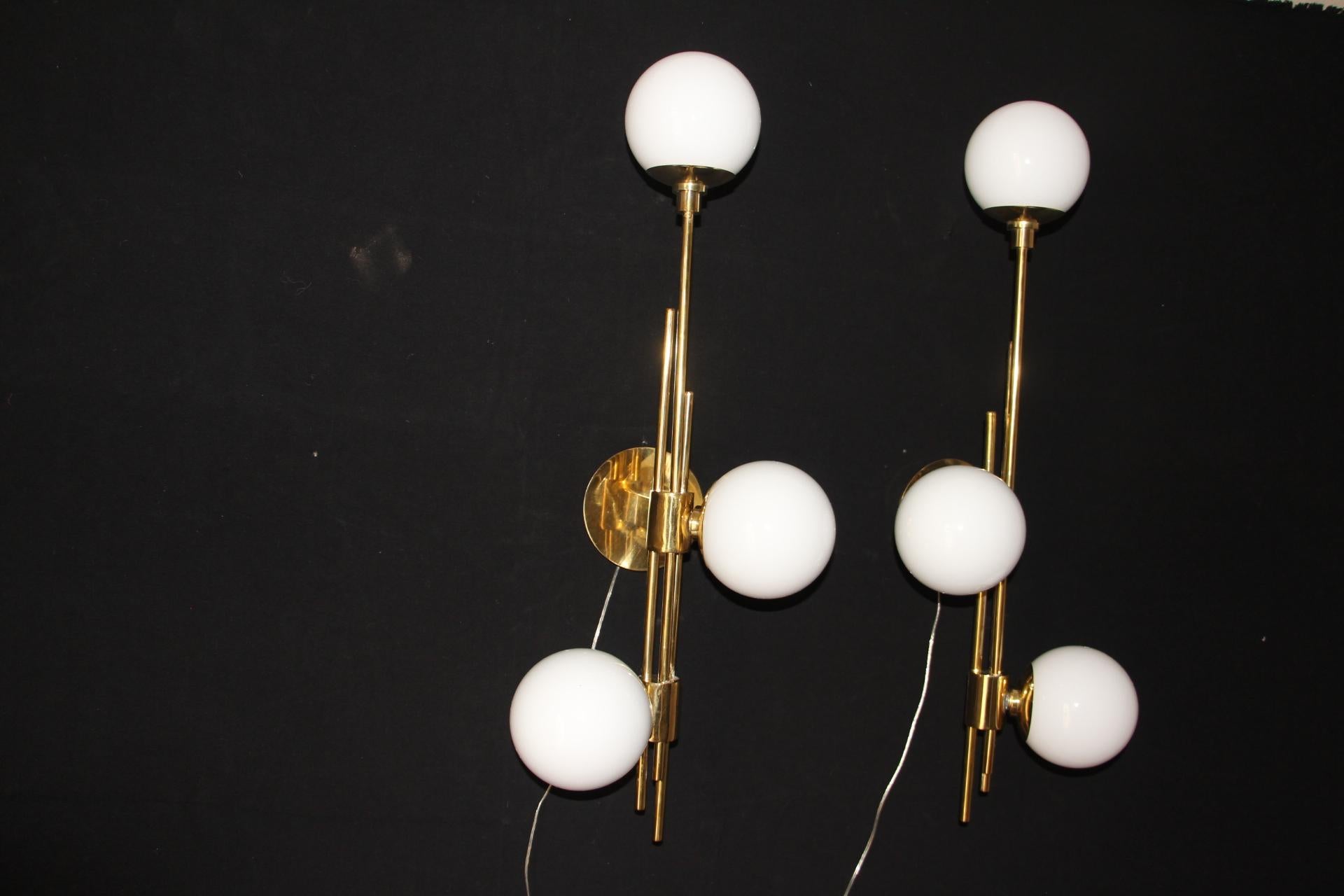 Modern Pair of Brass and White Glass Sconces, Stilnovo Style Wall Lights For Sale 4