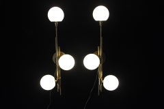 Modern Pair of Brass and White Glass Sconces, Stilnovo Style Wall Lights
