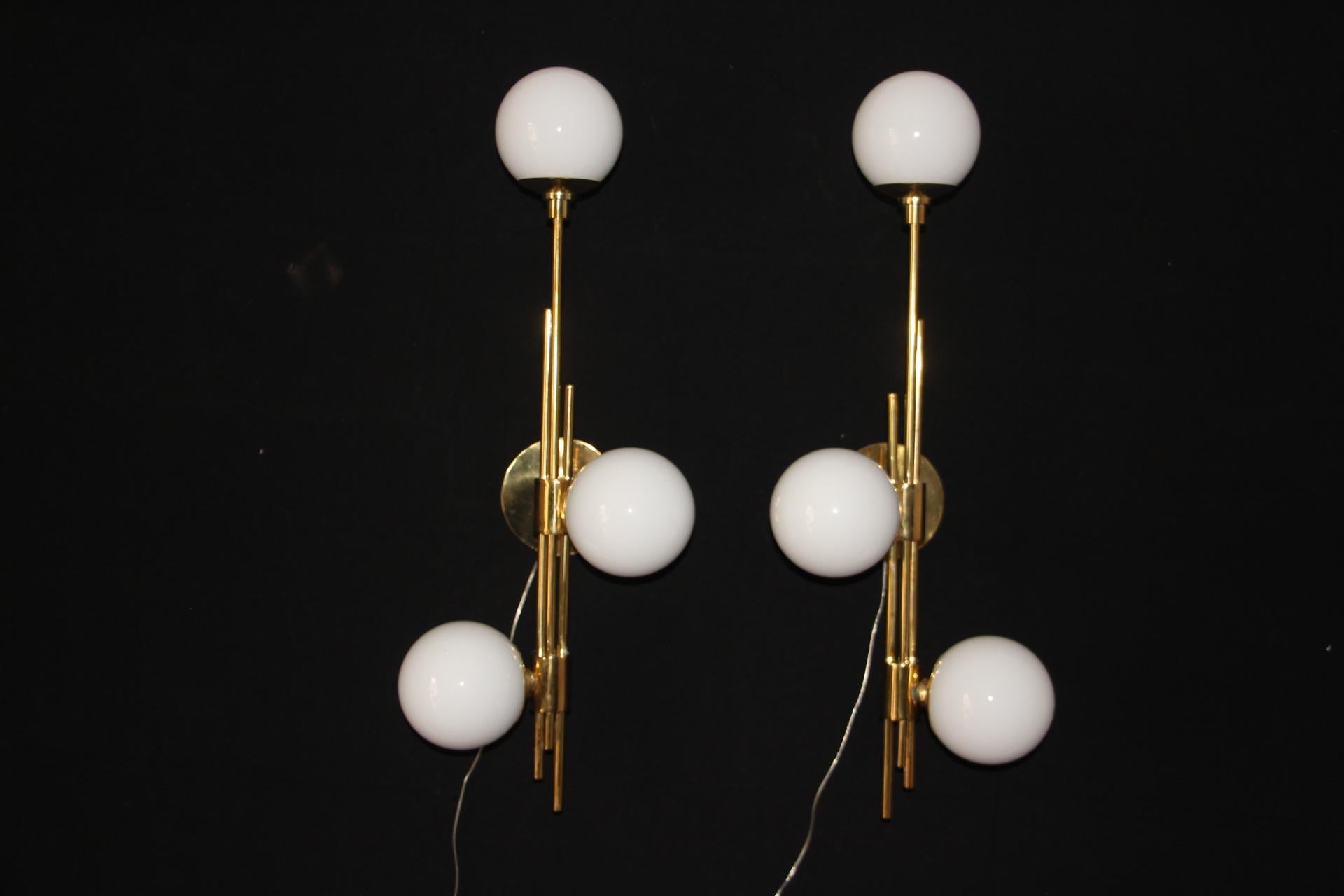 Modern Pair of Brass and White Glass Sconces, Stilnovo Style Wall Lights For Sale 2