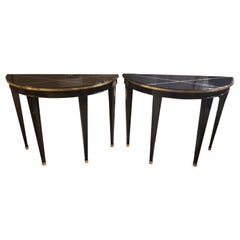 Modern Pair of Brass-Inlaid Ebonized Consoles