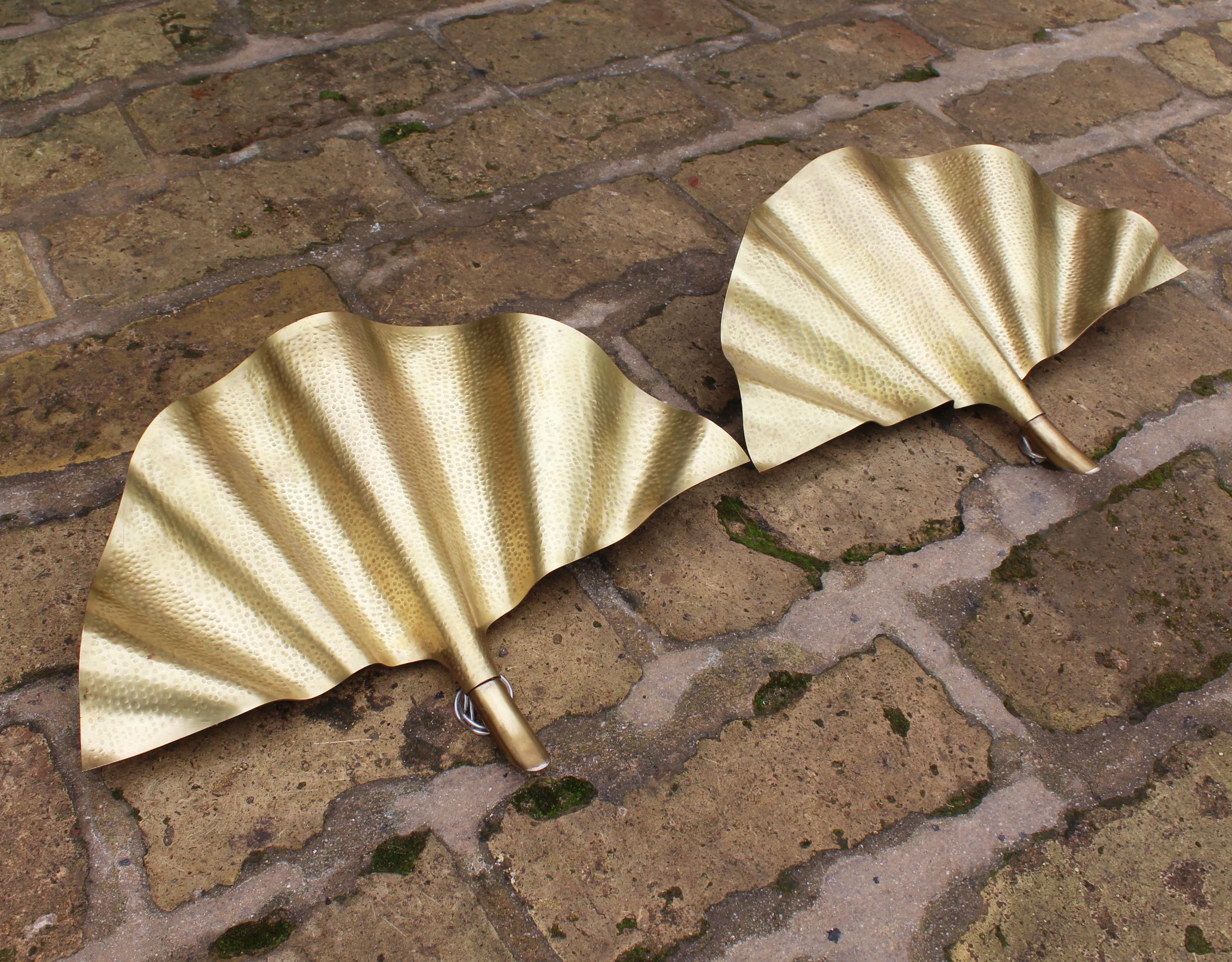 Spanish Modern Pair of Brass Leaf Shaped Wall Lamps
