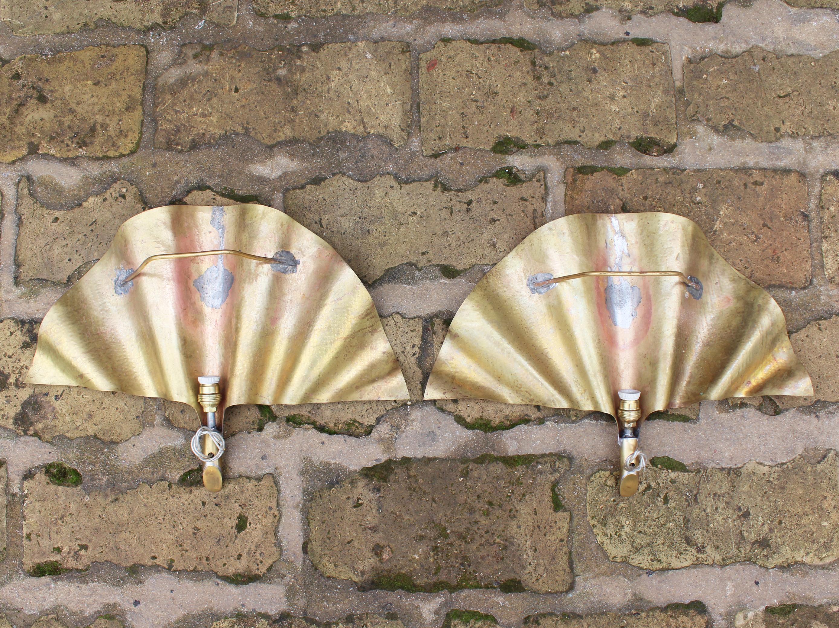 Bronze Modern Pair of Brass Leaf Shaped Wall Lamps