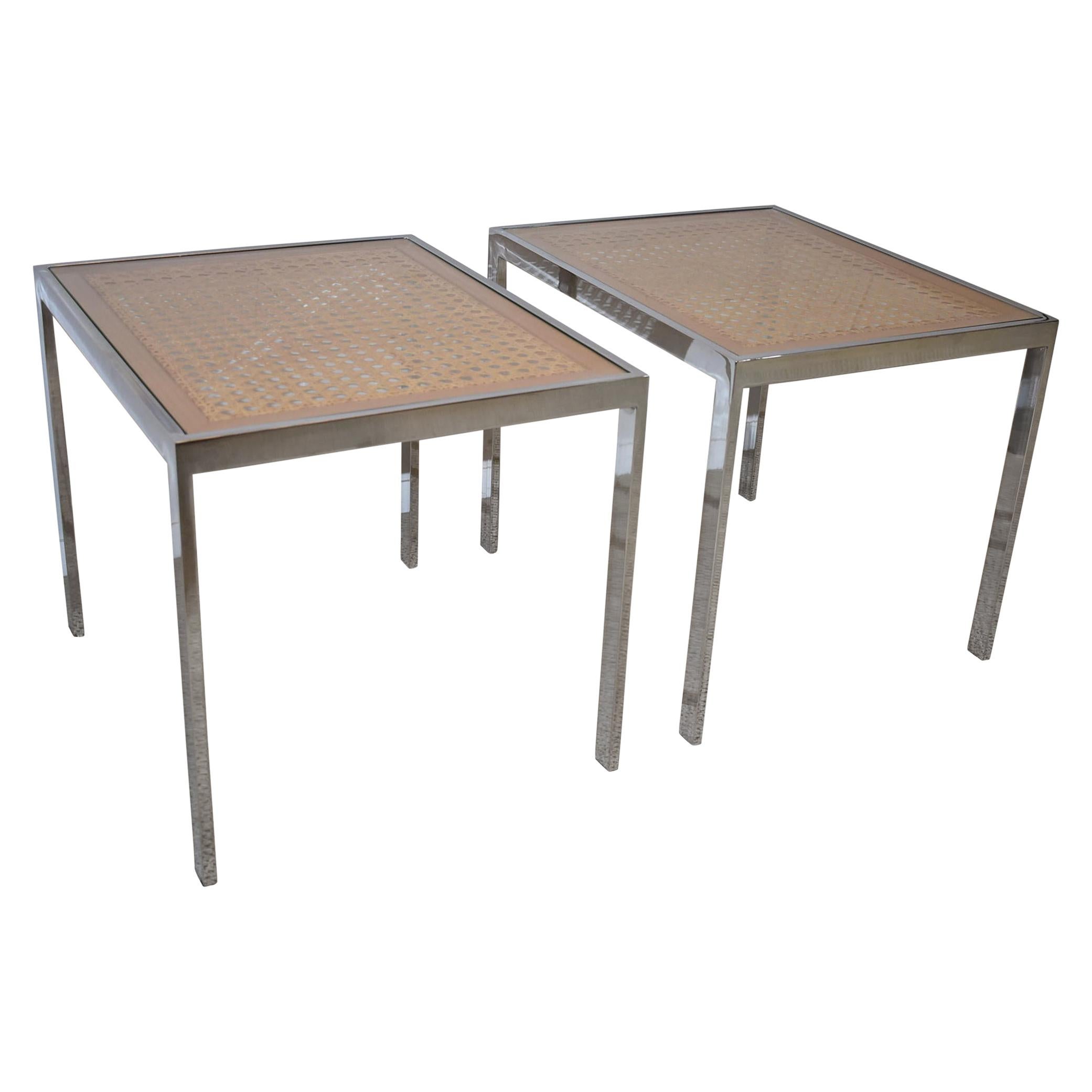 Modern Pair of Chrome and Cane Milo Baughman Style Side Tables