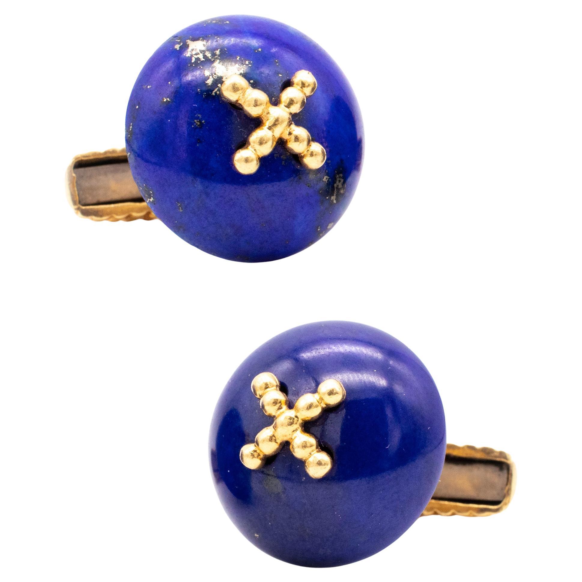 Modern Pair of Cufflinks in Textured 18Kt Yellow Gold with Lapis Lazuli