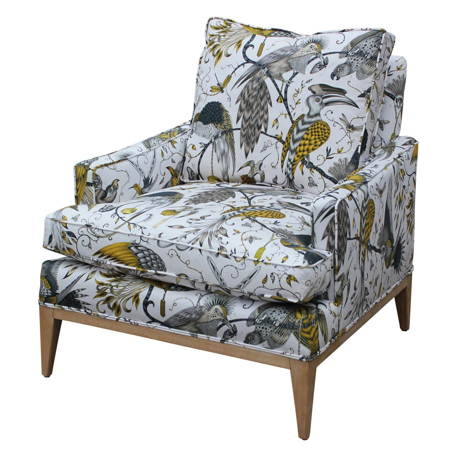 Beautiful pair of Edward Wormley for Drexel custom animalia bird print lounge chairs. Bleached mahogany legs and base and comfortable goose-down blend cushions.