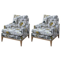 Modern Pair of Edward Wormley for Drexel Custom Bird Print Fabric Lounge Chairs