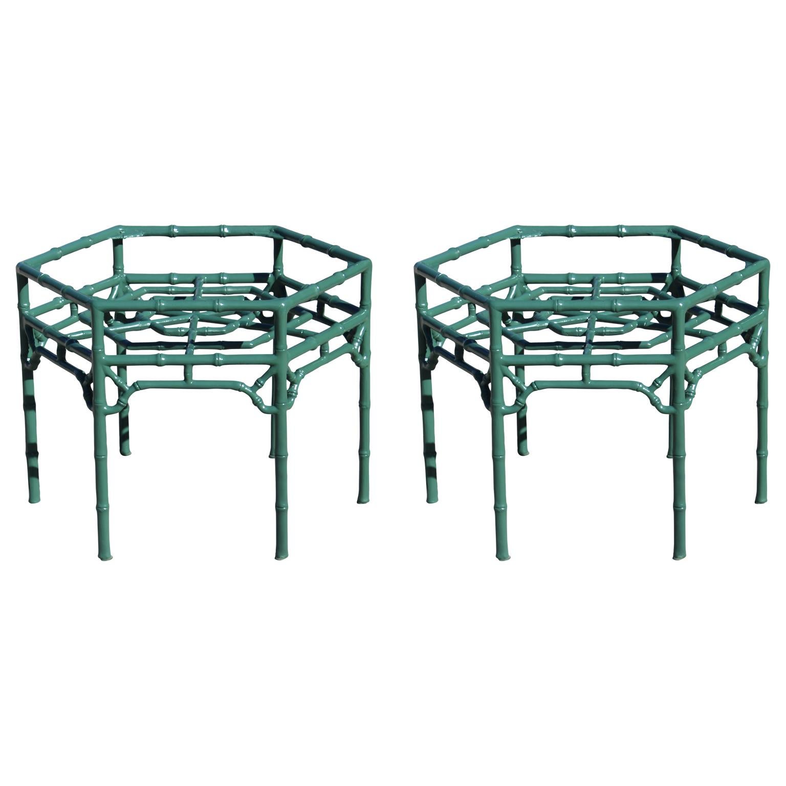 Modern Pair of Gorgeous Green Lacquer Hexagonal Faux Bamboo End / Side Tables