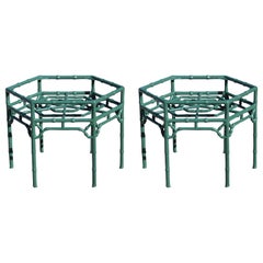 Modern Pair of Gorgeous Green Lacquer Hexagonal Faux Bamboo End / Side Tables