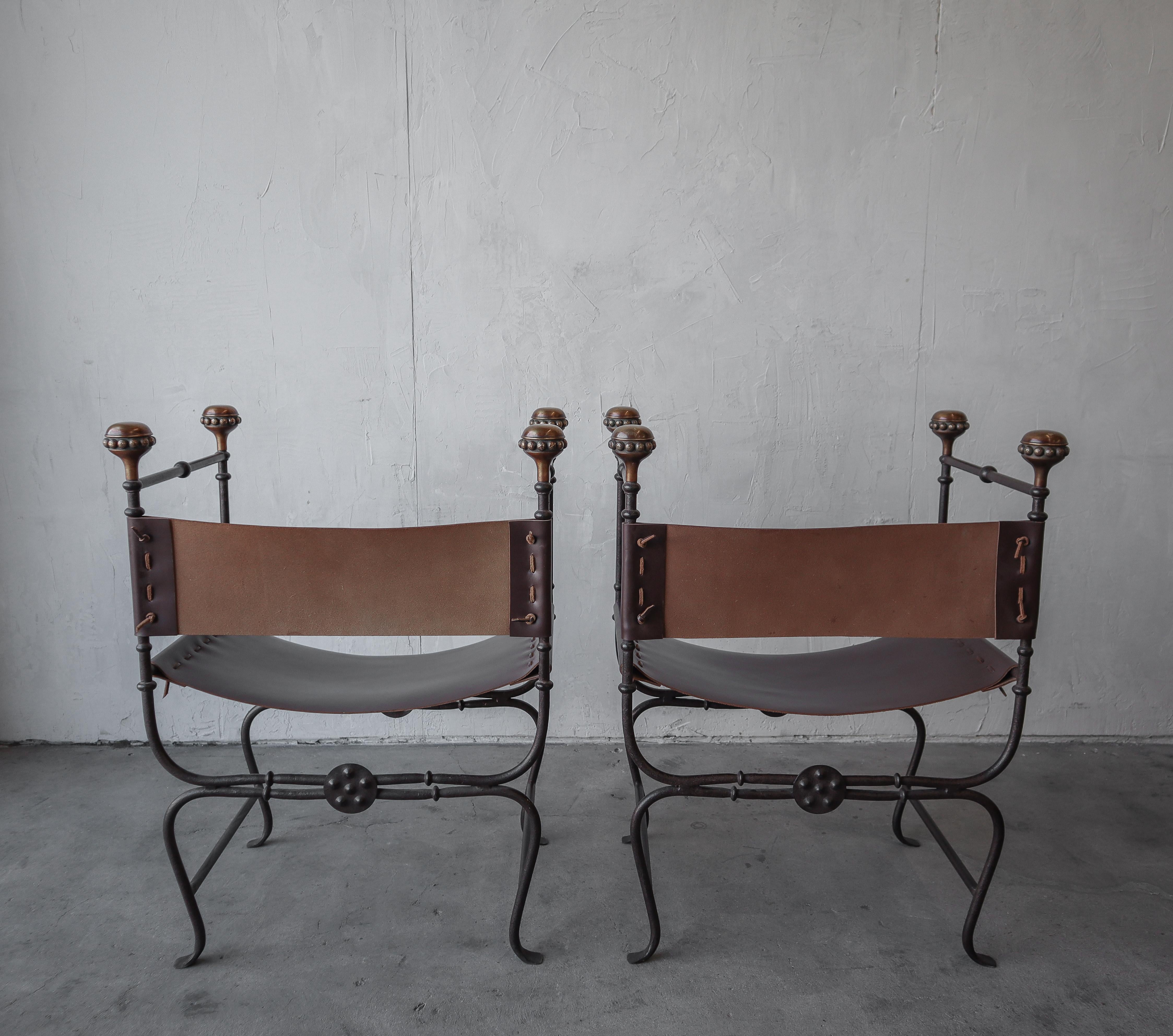 20th Century Modern Pair of Iron Brass and Leather Savonarola Curule Chairs