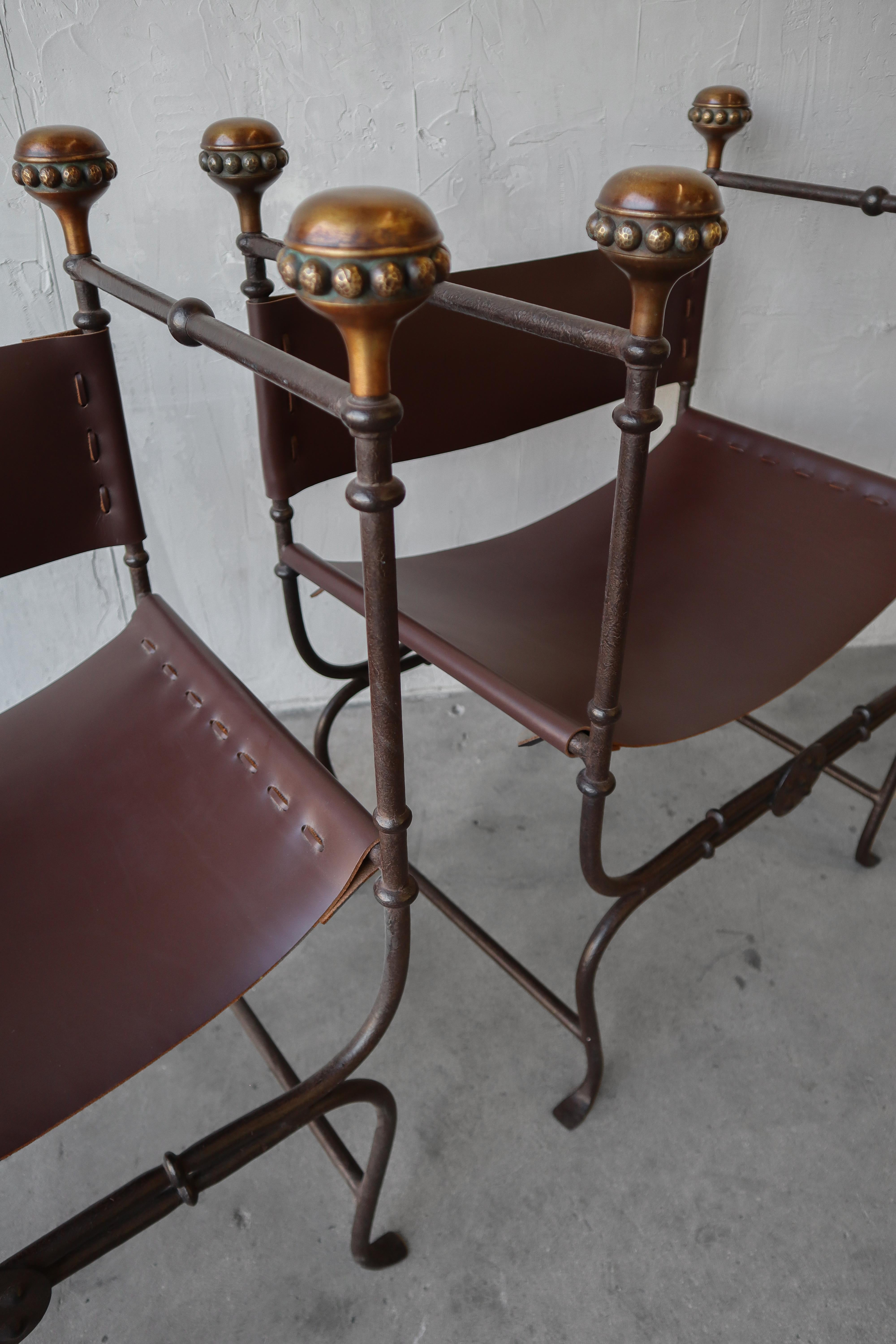 Modern Pair of Iron Brass and Leather Savonarola Curule Chairs 1