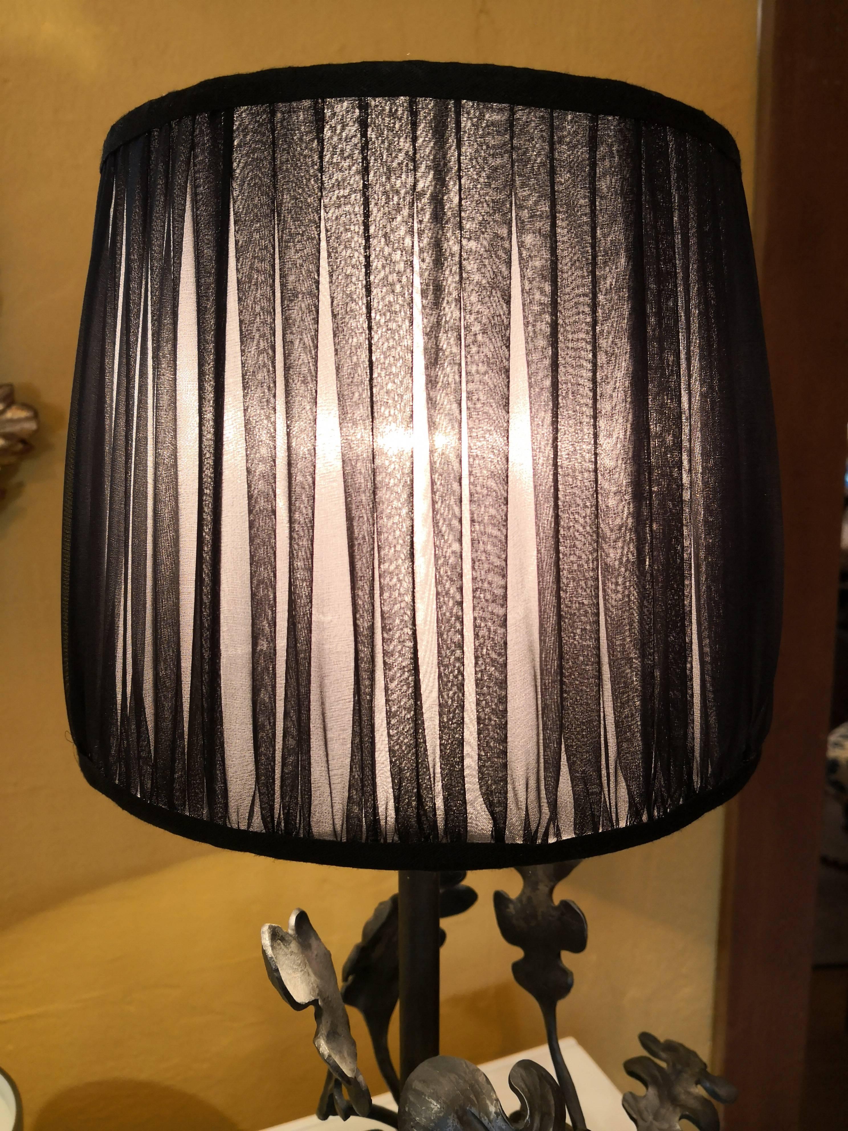 Austrian  Pair of Iron Table Lamps Handmade Austria with Black Organza Shades