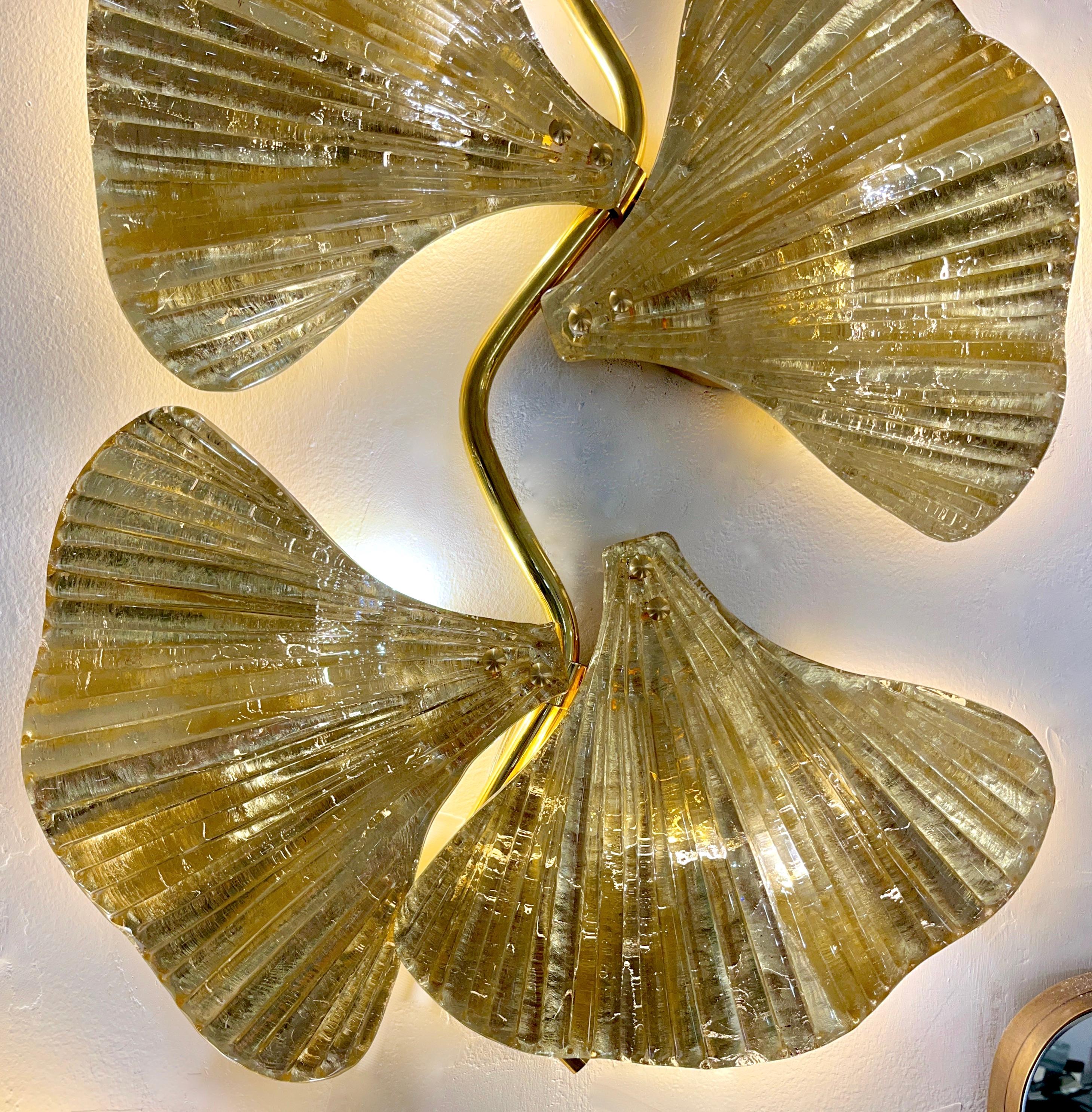 Modern Pair of Italian Gold Leaf & Crystal Murano Glass 6-Leaf Branch Sconces  For Sale 4