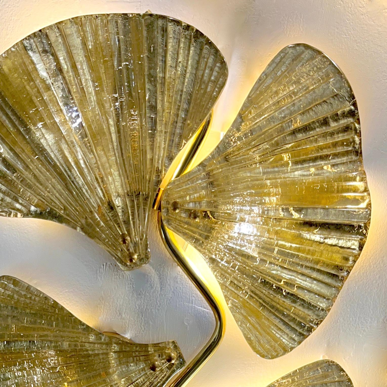 Modern Pair of Italian Gold Leaf & Crystal Murano Glass 6-Leaf Branch Sconces  For Sale 7