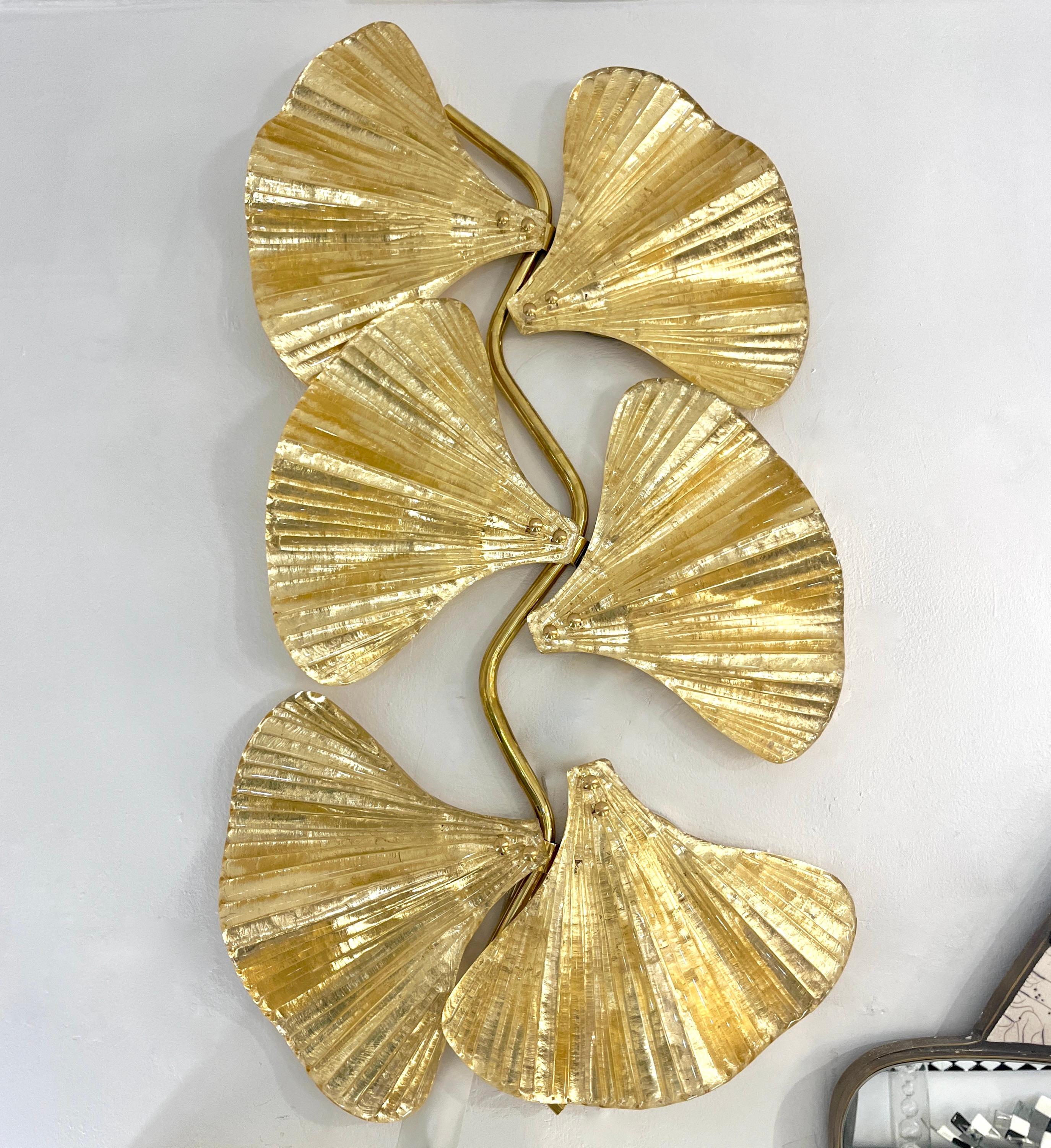 Modern Pair of Italian Gold Leaf & Crystal Murano Glass 6-Leaf Branch Sconces  For Sale 9