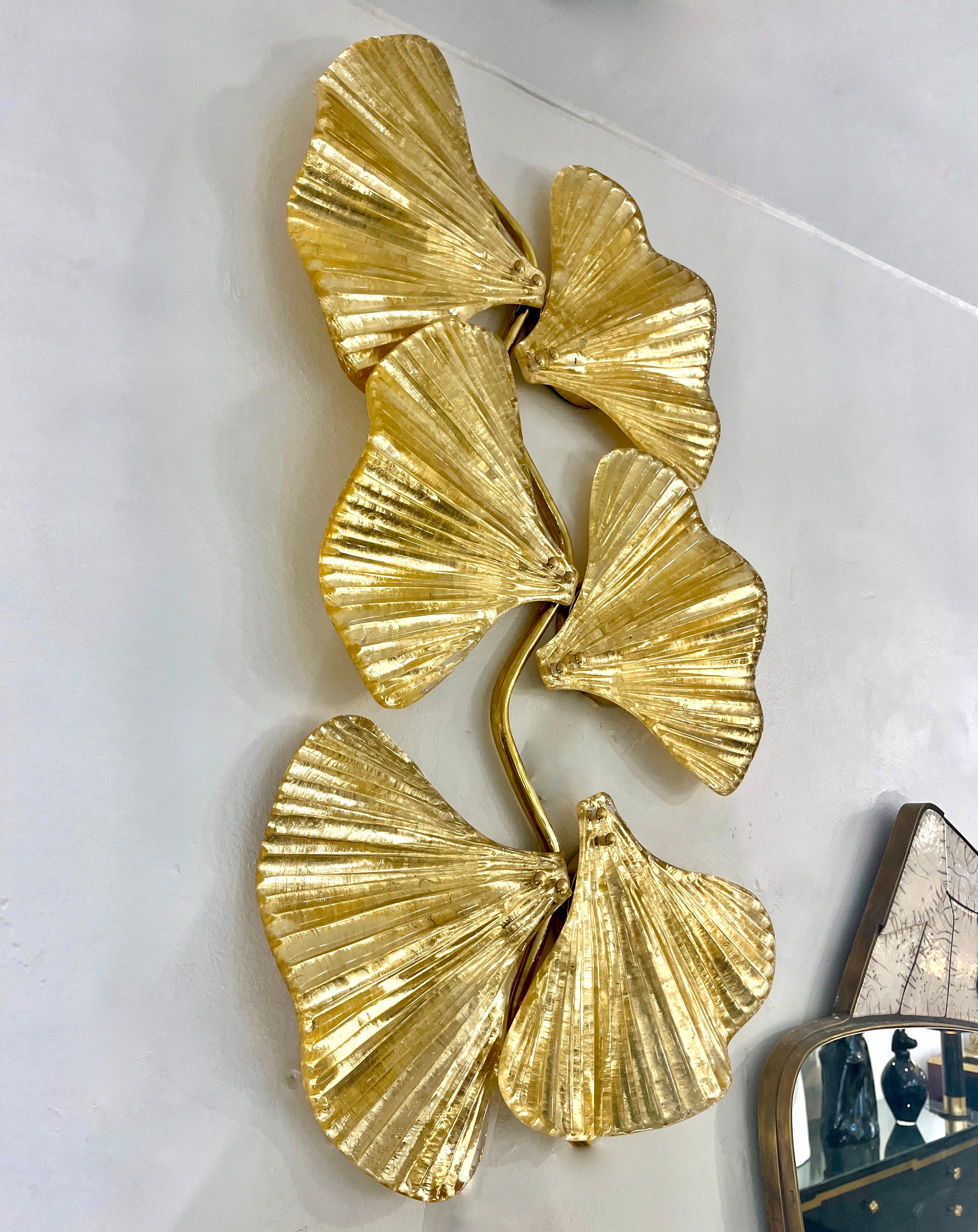 Modern Pair of Italian Gold Leaf & Crystal Murano Glass 6-Leaf Branch Sconces  For Sale 11