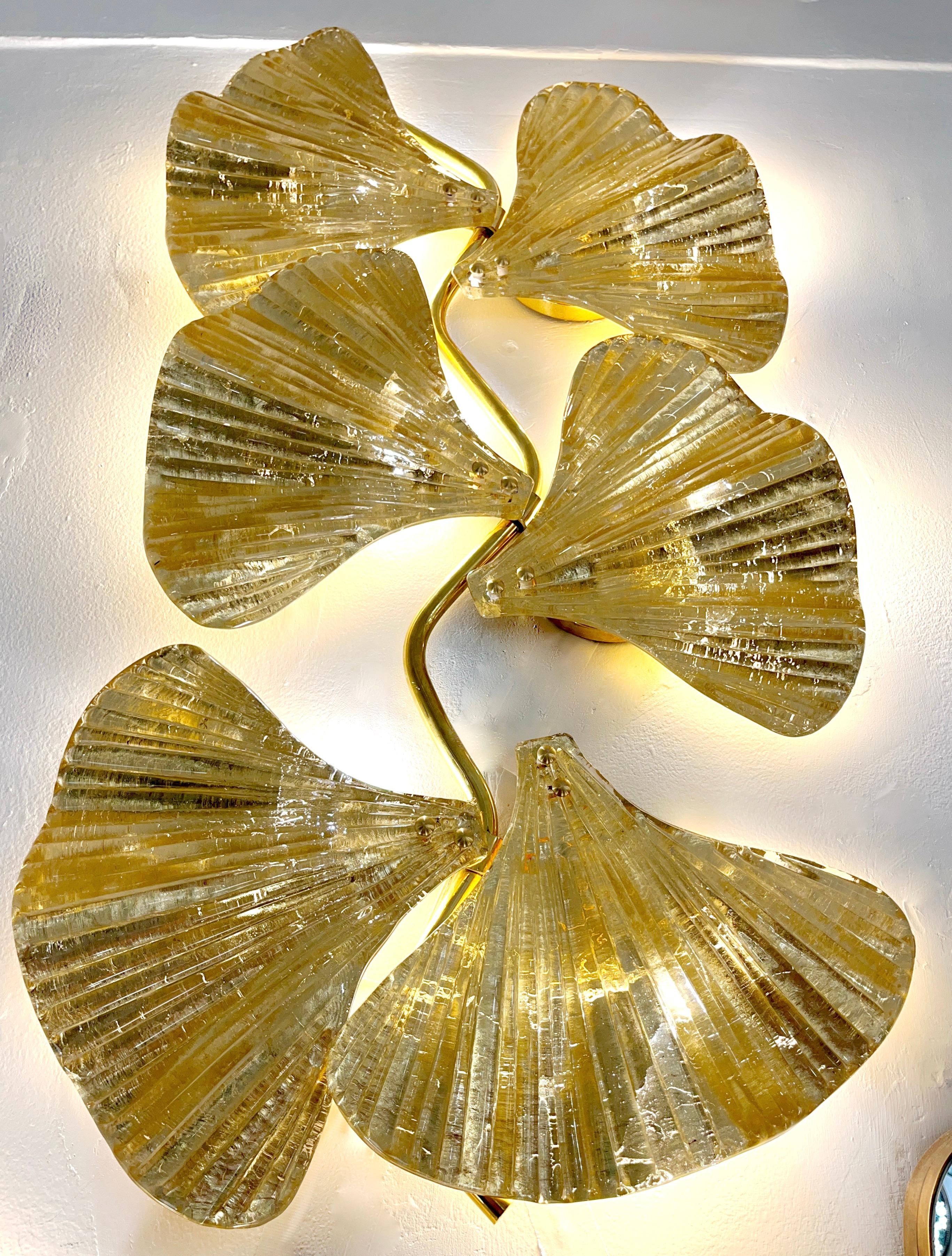 Hand-Crafted Modern Pair of Italian Gold Leaf & Crystal Murano Glass 6-Leaf Branch Sconces  For Sale