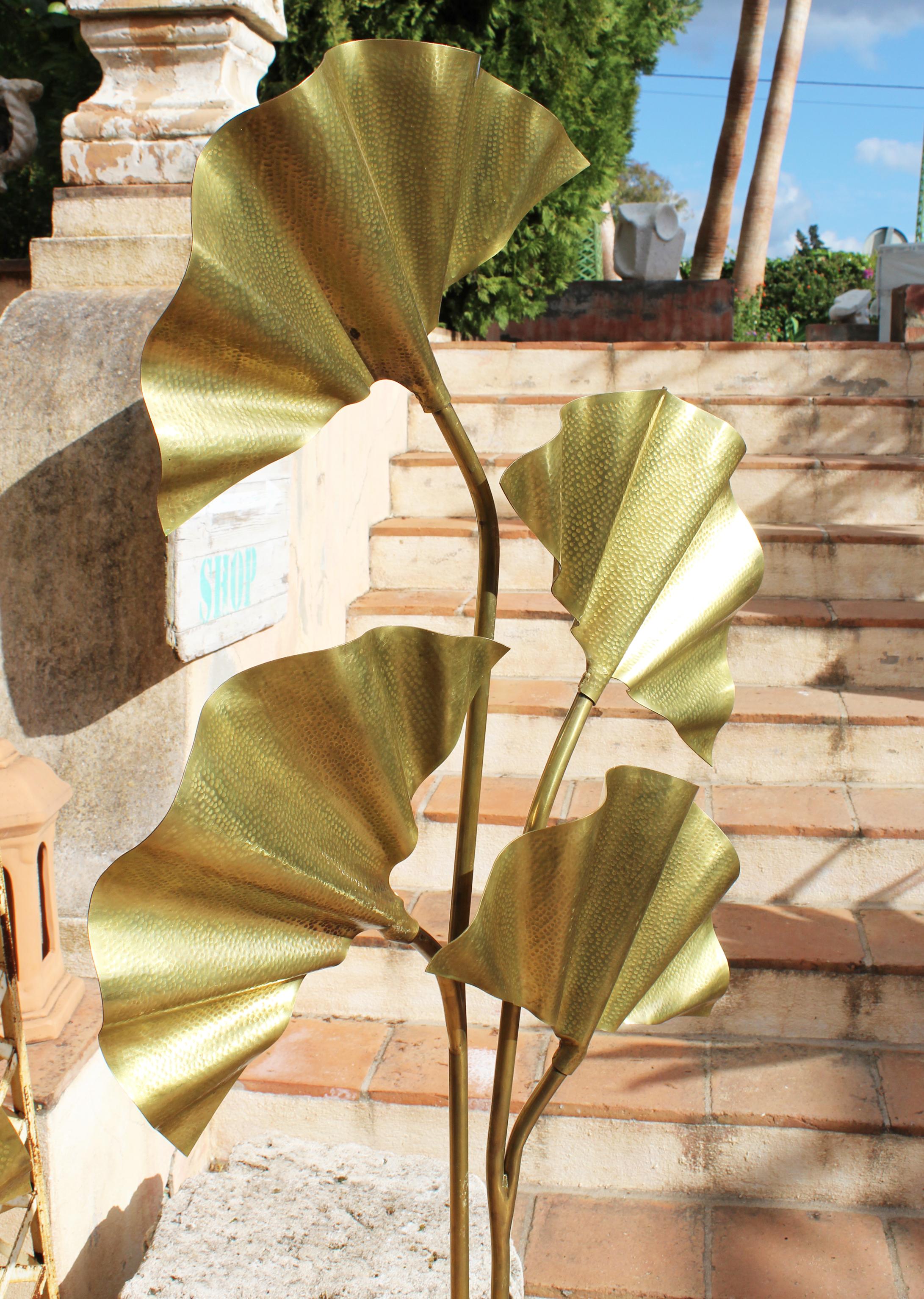 Spanish Modern Pair of Leaf Shaped Brass Standing Lamps