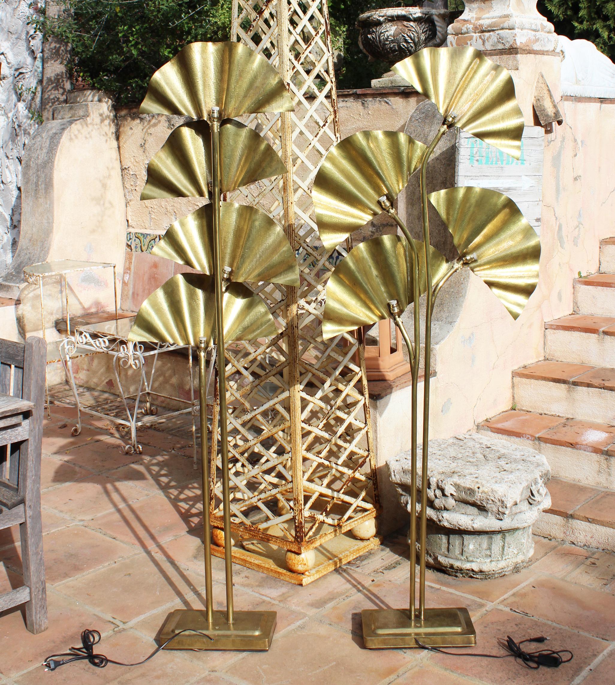 Contemporary Modern Pair of Leaf Shaped Brass Standing Lamps