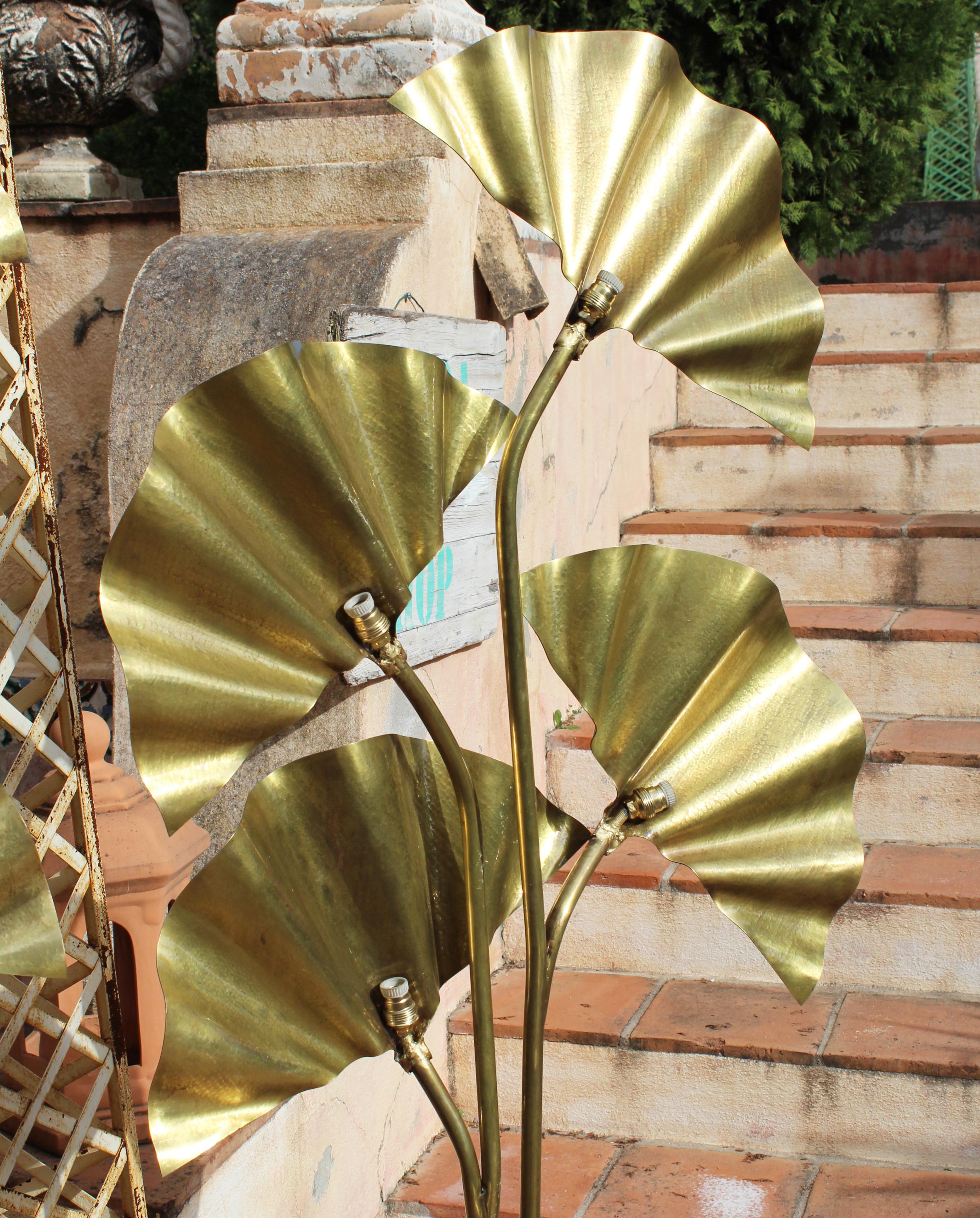 Bronze Modern Pair of Leaf Shaped Brass Standing Lamps